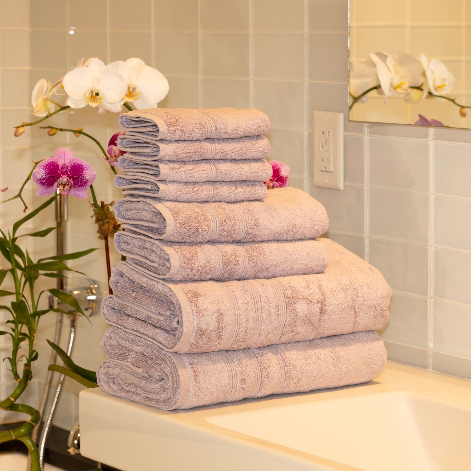 Mosobam Juego de toallas de baño turcas de 8 piezas, 30 x 58 pulgadas, 700 GSM, lavanda Aura | Juego de 2 toallas de baño, 2 toallas de mano y 4 paños, viscosa de 700 g/m² hecha de bambú y algodón turco del Egeo