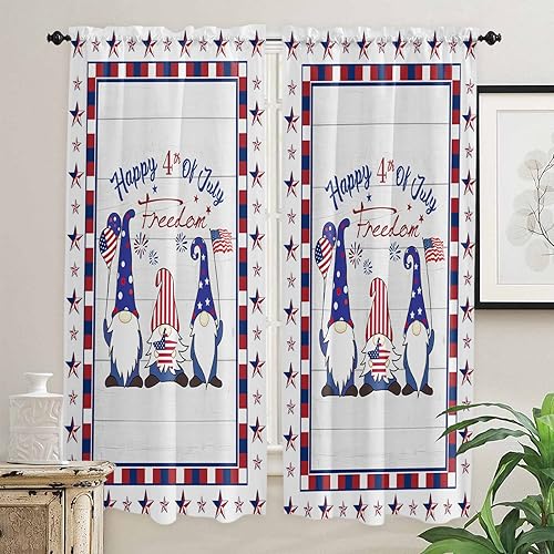 WARM TOUR Kitchen Curtains 2 Panels Rod Pocket Tier Curtain Independence Gnome Day 4th of July Window Valance,Light Filtering Window Treatment Star