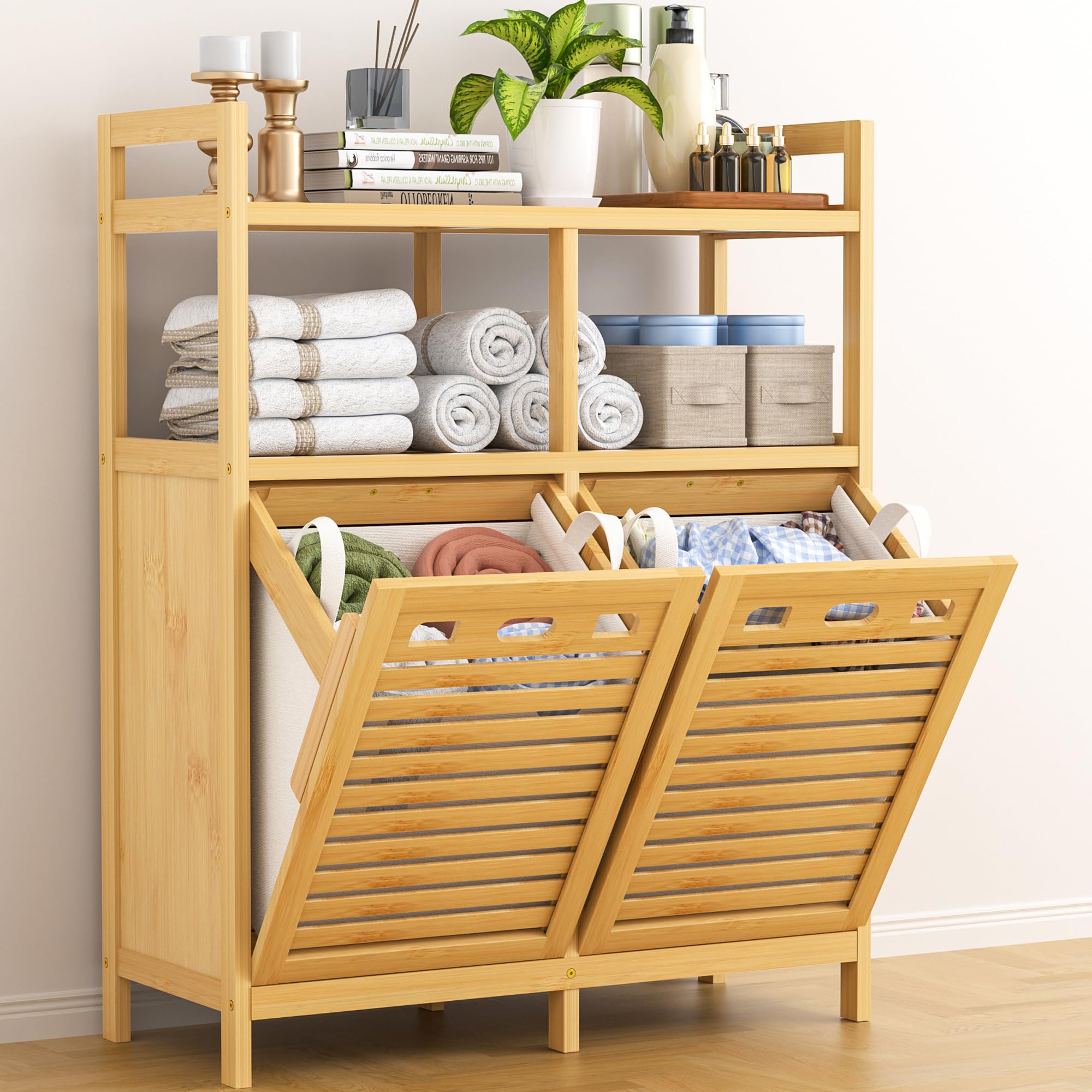 VASMIA Armadietto Bagno con Cesto per il Bucato, Bambù Mobile da Bagno, con 2 Ripiani, con 2 Sacchetti per il Bucato Estraibili (2 * 38 L), per Bagno, Camera da Letto, Lavanderia, Naturale