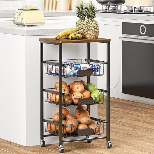 Miniatura 7 de XYZLVSI Carrito de almacenamiento de cocina con ruedas, carrito de metal de 4 niveles, cesta de almacenamiento de frutas y verduras, estante de