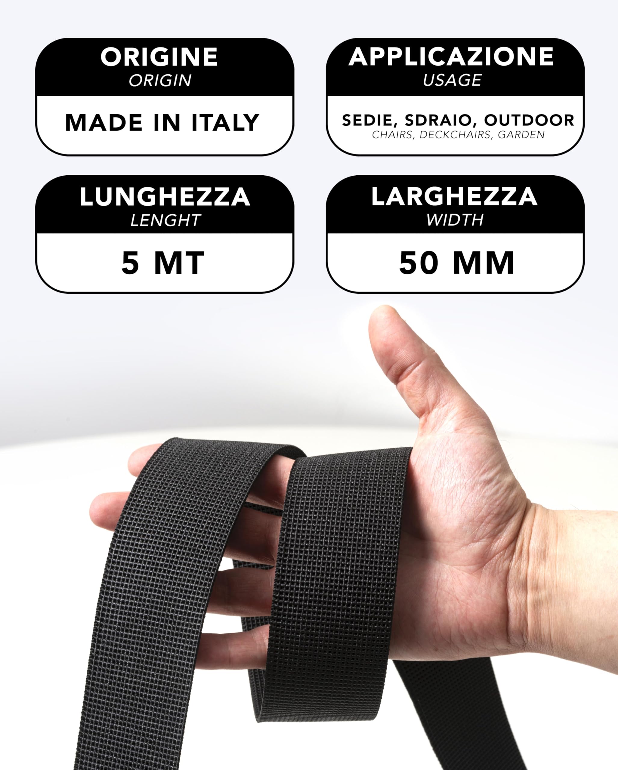 IPEA Cinghia Elastica da Arredamento Esterno per Sedie da Giardino, Lettini da Mare, Poltrone, Dondolo, Sdraio, Divanetti, Salotto, Tappezzeria – 10 Metri – Fascia Tirante per Sedute Schienali – 50 mm