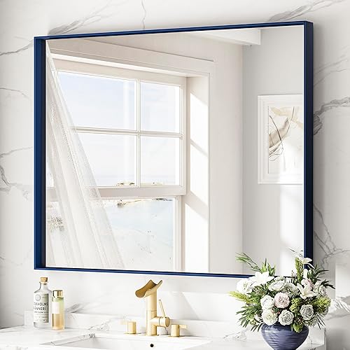 Miniatura 348 de Keonjinn Espejo de baño dorado de 48 x 36 pulgadas, espejo rectangular con marco de metal dorado cepillado, espejo de pared grande rectangular