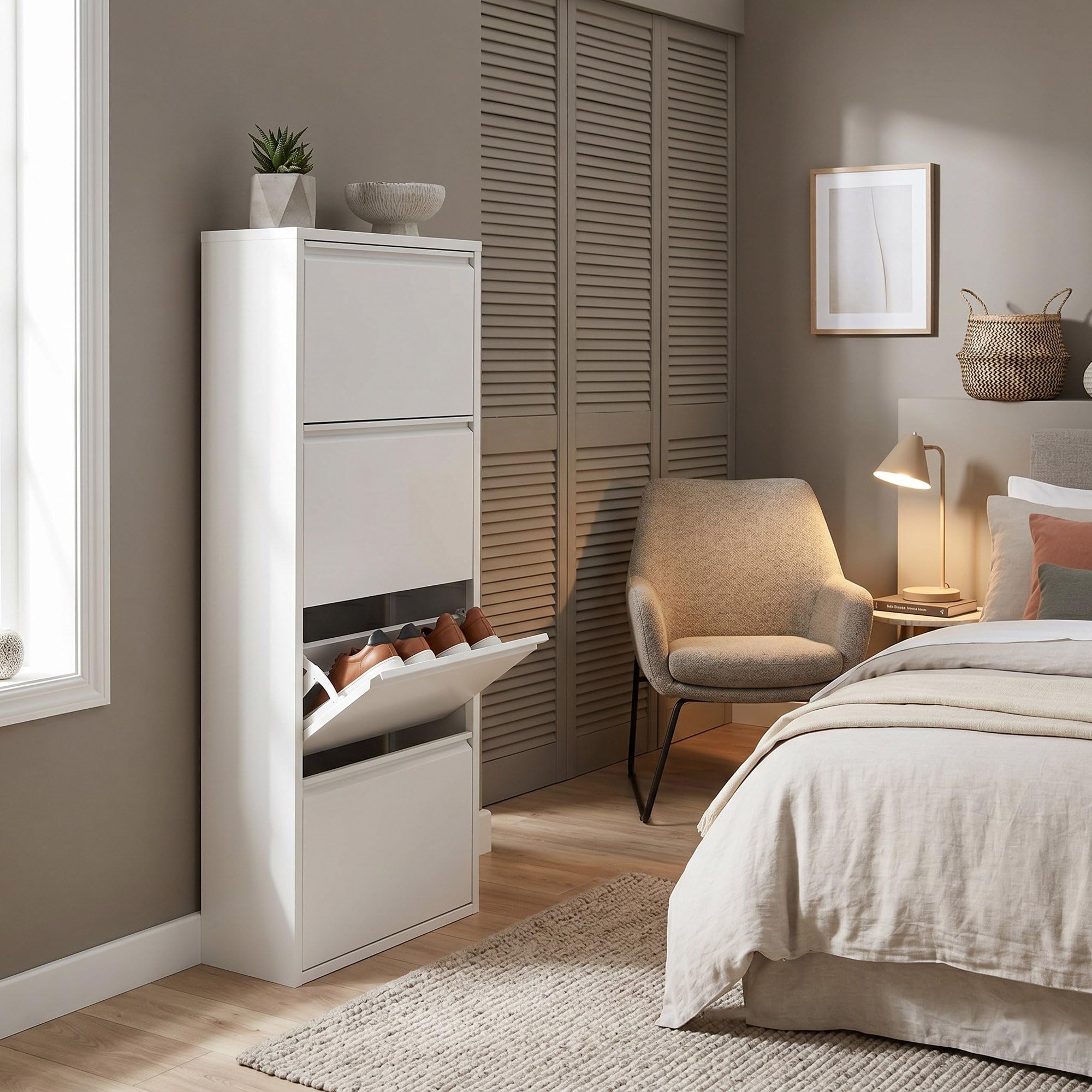 Mueble Zapatero Estrecho para Recibidor y Pasillo – Armario Zapatero Abatible de 4 Puertas con Balda Ajustable, Capacidad 8 Pares, Sistema Antivuelco y Diseño Slim (13,5 x 50 x 136,5 cm), color Blanco