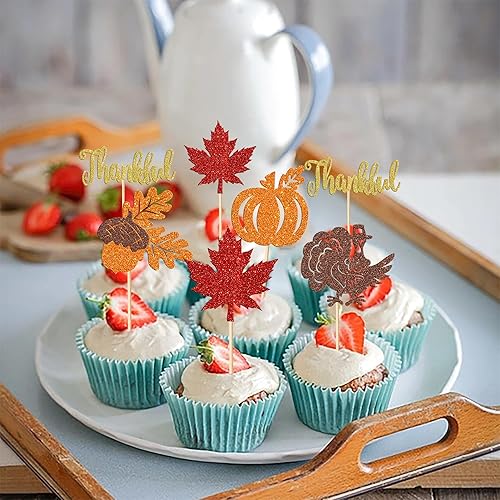 Miniatura 6 de Paquete de 24 adornos para cupcakes con purpurina con purpurina para dar gracias, decoración de pasteles para el día de Acción de Gracias, para baby