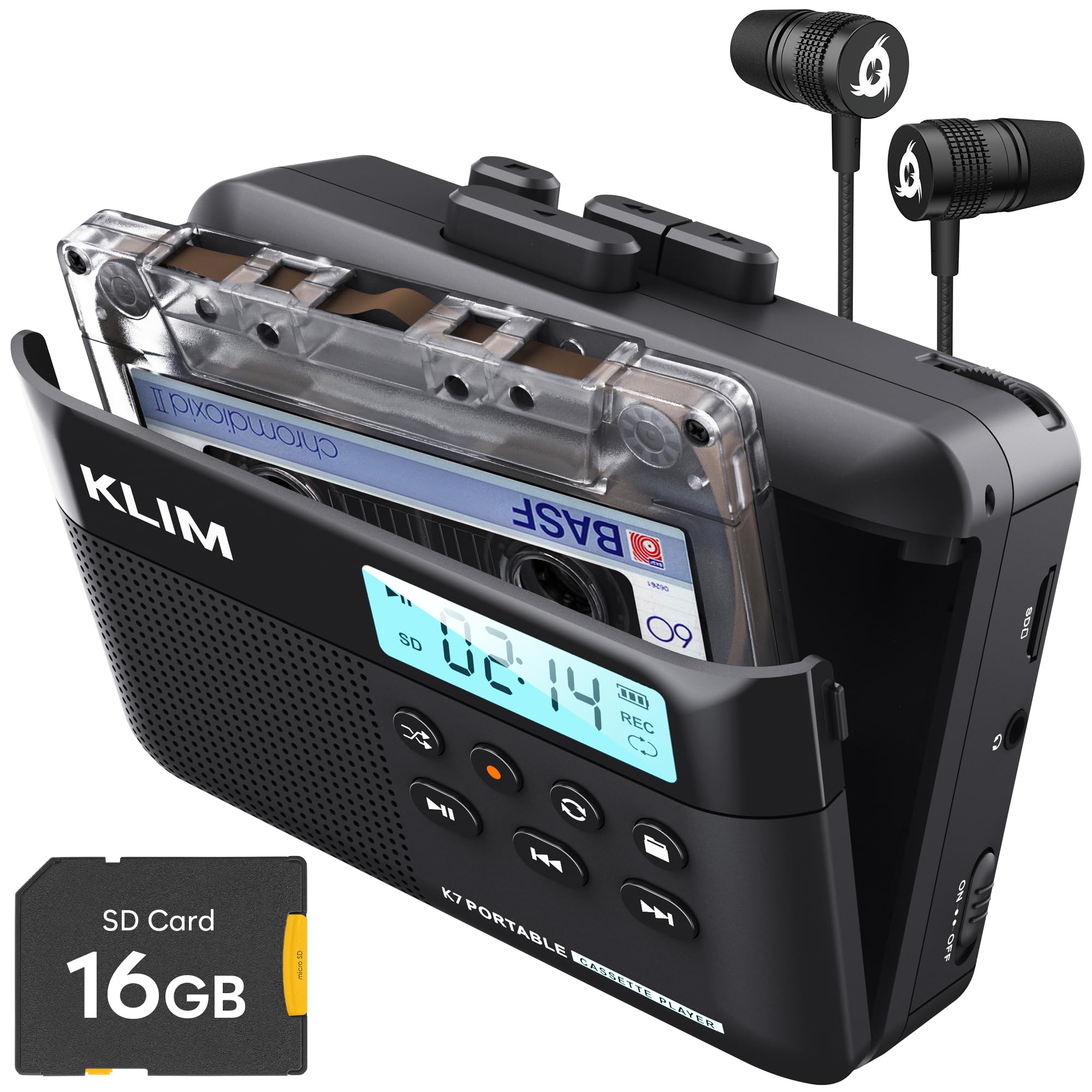 KLIM K7 Cassette Tape Player with F1 Earphones - Cassette to MP3 Converter - Portable - Built-in Microphone & Speaker - Rechargeable Battery -