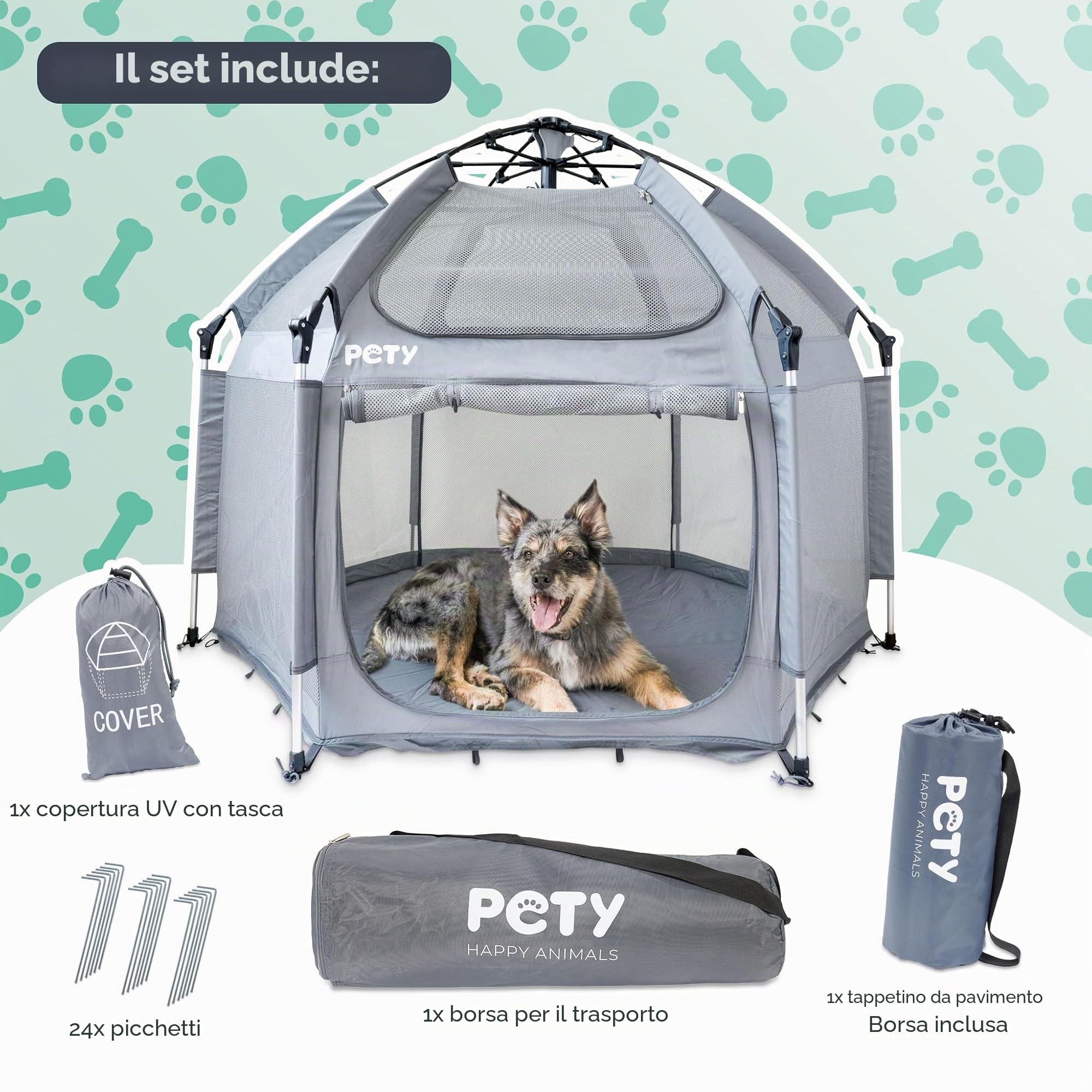 PETY Set box per cani – 150 x 100 cm tenda mobile per cani con borsa per il trasporto, tetto UV e tappetino – recinto per animali domestici e interni – accessori da viaggio per il campeggio –