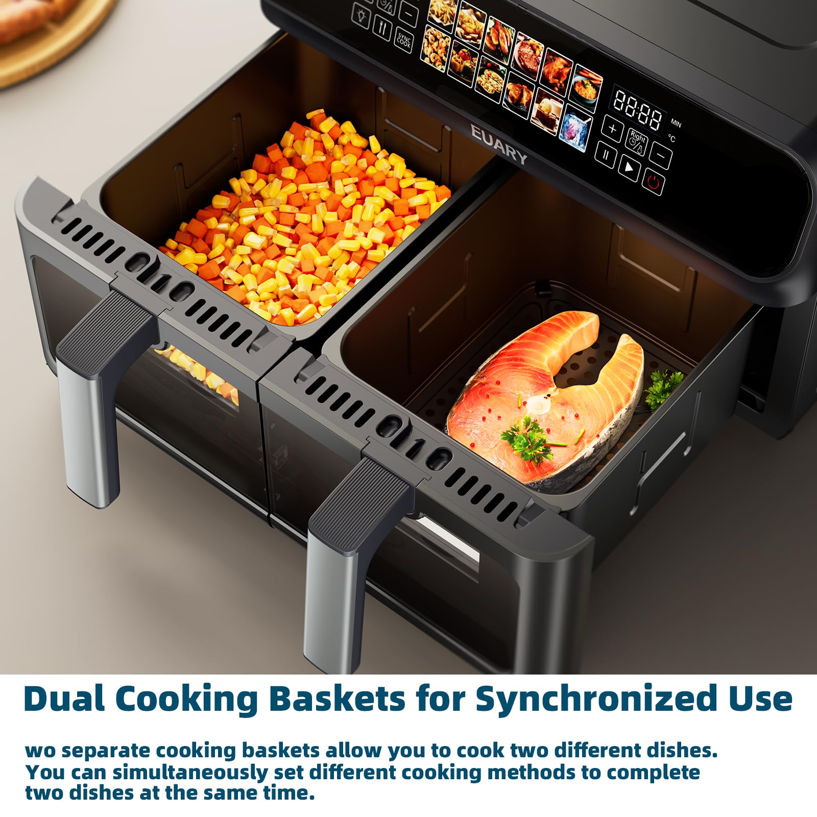 2800W Friggitrice ad Aria Doppio Cestello 9 Litri 2 Cestelli con Finestra, 9L Air Fryer Friggitrici ad Aria Doppia Resistenza Due Cestelli, 12 Programmi di Cottura, Componenti Antiaderenti