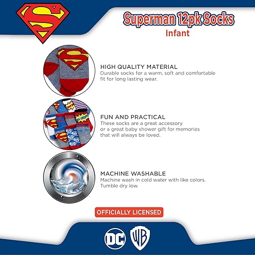 Miniatura 4 de DC Comics Calcetines para bebés niños y niñas, paquete de 12 calcetines de Batman, Wonder Woman, Superman, Liga de la Justicia, Super Girl (0-24M)