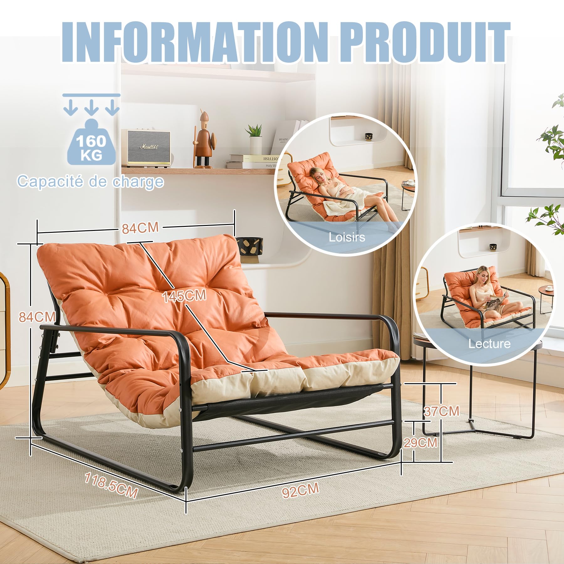 Fauteuil Jardin Exterieur avec Coussin réversible, Imperméable, Anti-Rouille rembourrée en Acier pour 2 Personnes pour Terrasse Salon Balcon- Capacité de Charge maximale de 160 kg, Orange et Beige