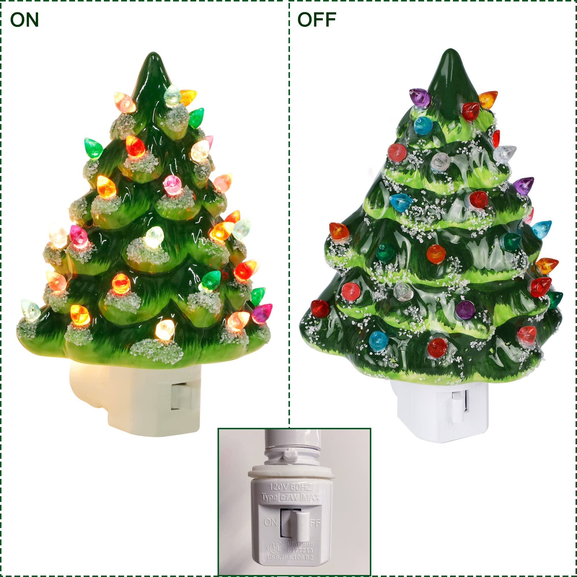 Blissun Ceramic Christmas Tree Night Light, 6" SnowCapped Christmas Decorative Ceramic Tree
