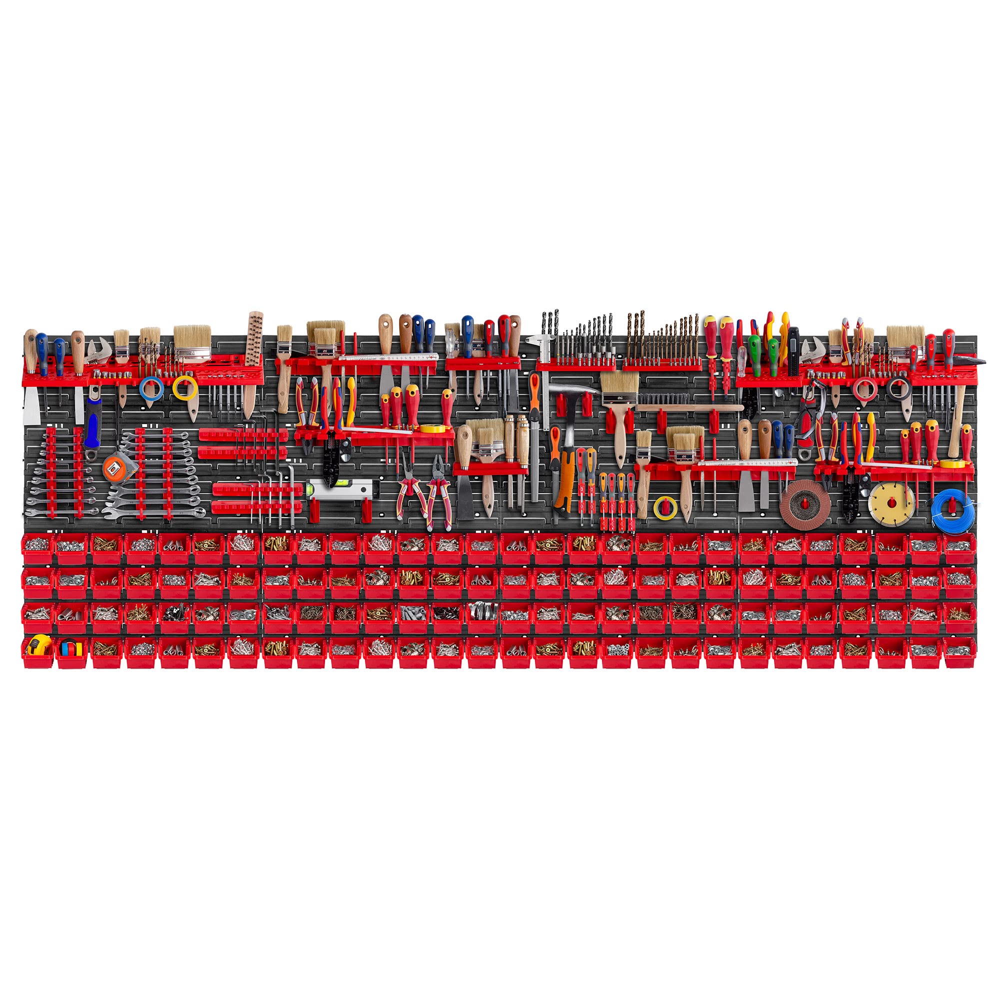 KADAX Lot de 162 Grande étagère murale à outils, système de stockage 232 x 78 cm, en plastique robuste, système modulaire résistant aux UV, plaques murales extensibles, étagère d'atelier (rouge