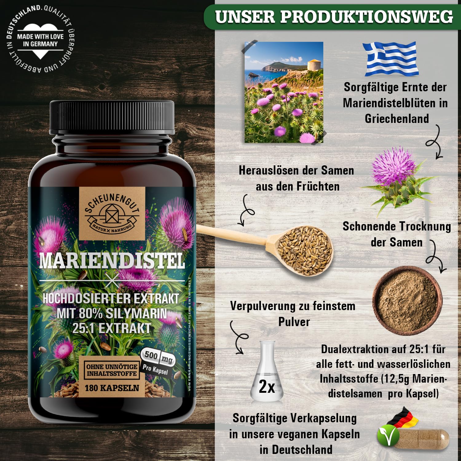 Mariendistel Kapseln 1500mg -WICHTIG: 25:1 Extrakt (=37500mg reines Mariendistel pro Tagesdosis) +80% Silymarin -Silymarin Hochdosiert- Laborgeprüft und Vegan DE SCHEUNENGUT®