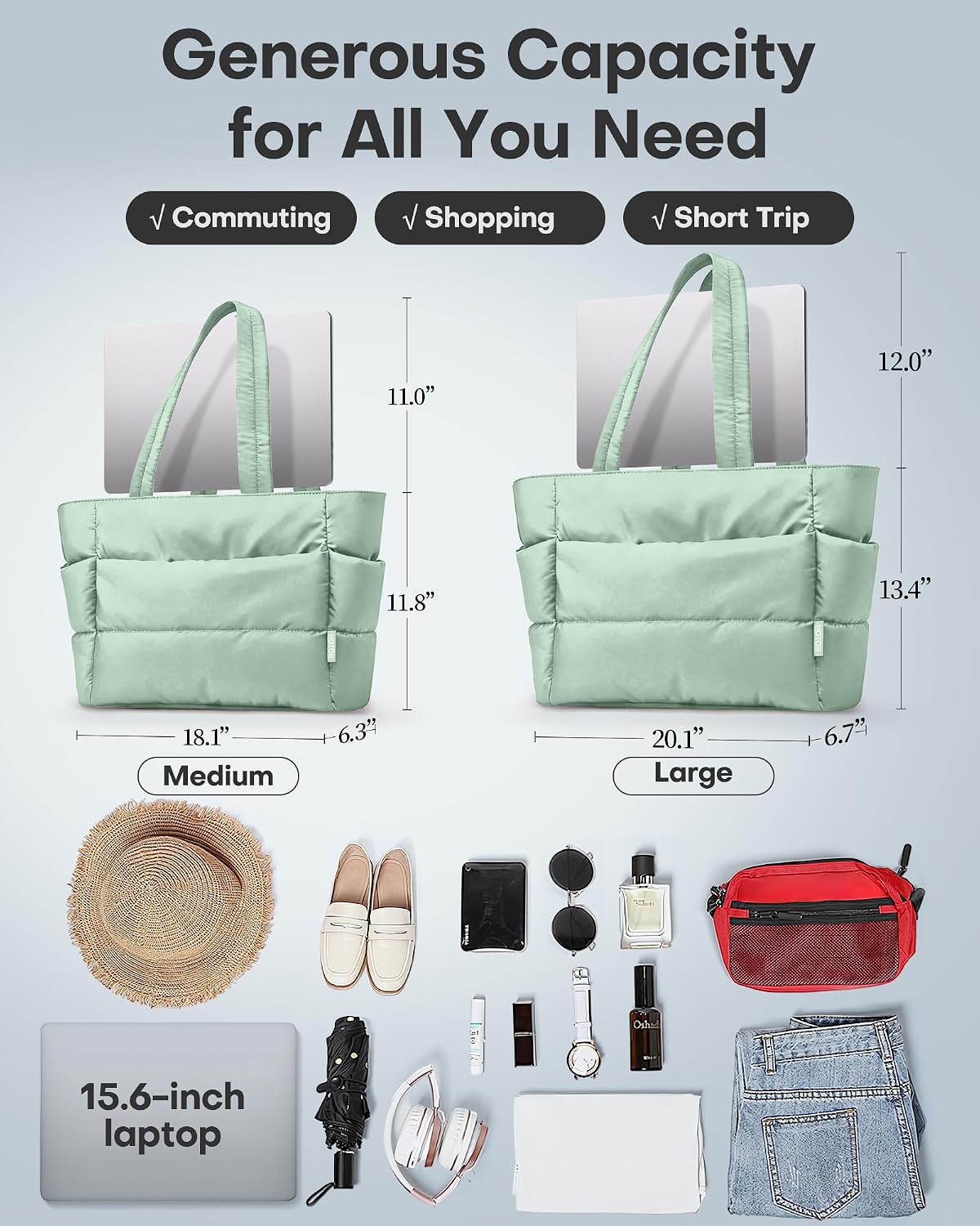 HOTOR Puffer Tote Bag for Women, Nurses - Multi-Pocket Lightweight Bag for Work - Quilted Handbag for Travel and Gym