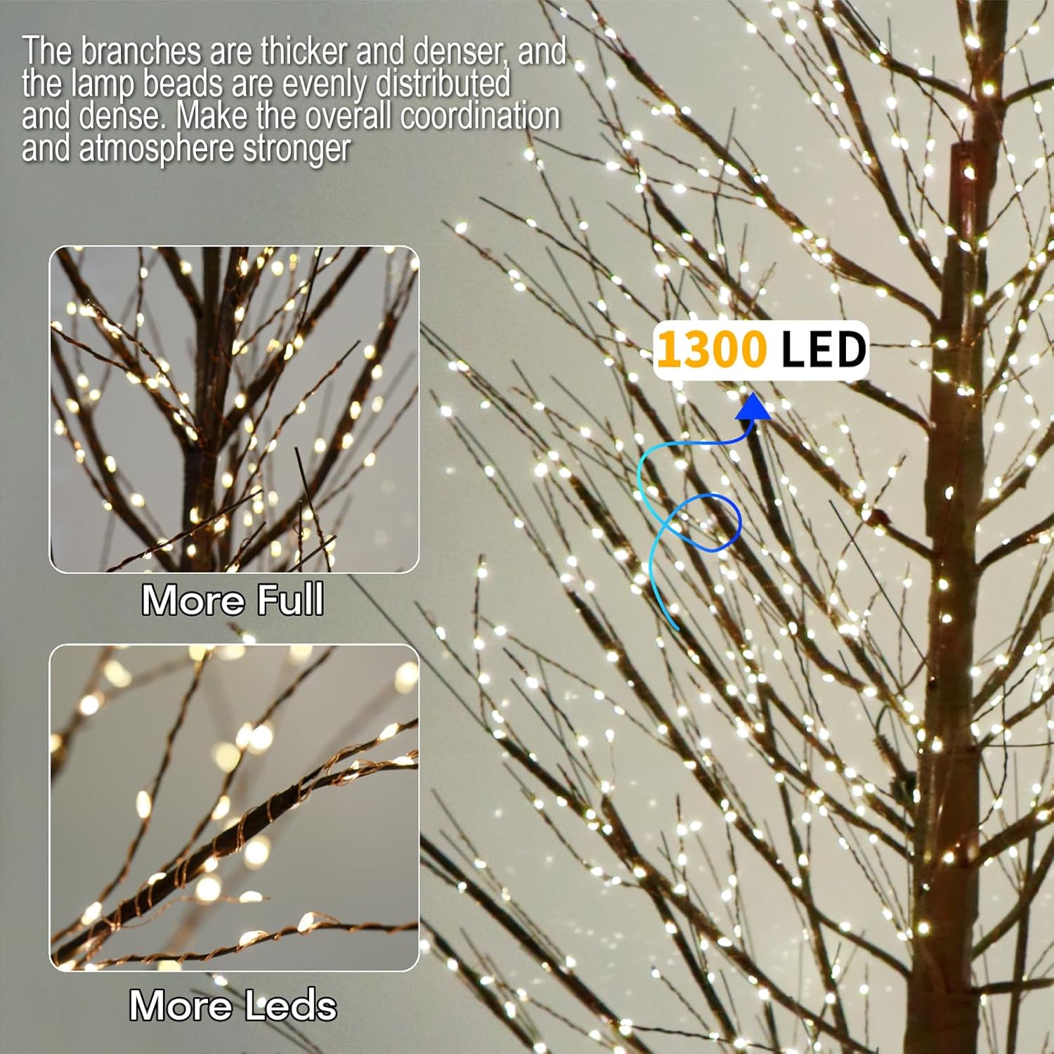6FT Brown Lighted Birch Tree 1300LEDs Warm White Lights, Xmas Twinkle Tree with Timer,8 Lighting Modes IP44 Waterproof,Lighted Alpine Tree for Indoor Outdoor Festival Party Christmas Decor