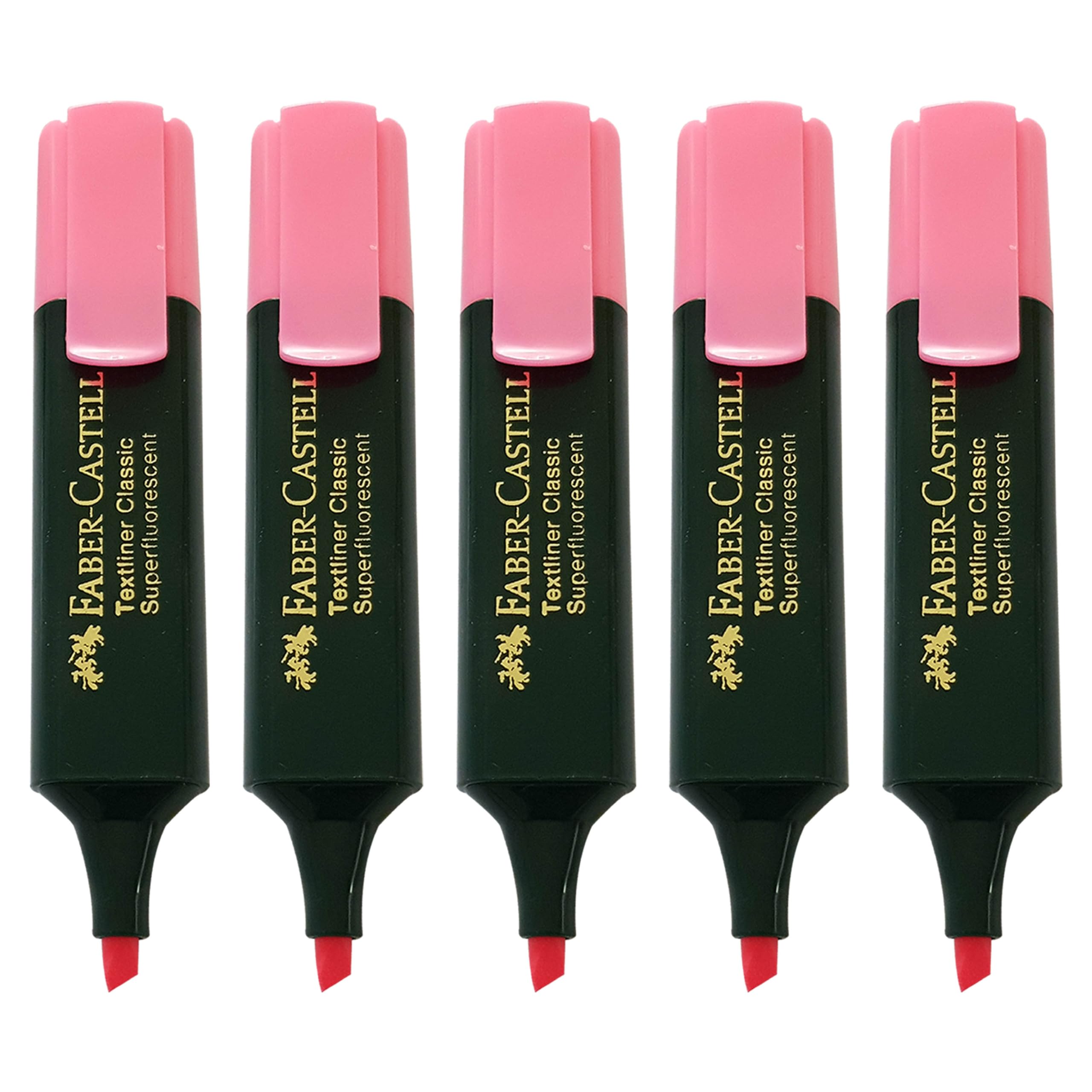 Faber-Castell Textliner Classic Highlighter Pens, PINK, Pack of 5, Chisel Tip (1-5.0mm), Fast-drying, Fluorescent Colours, Clear Marking, Ideal for School Office Home Use