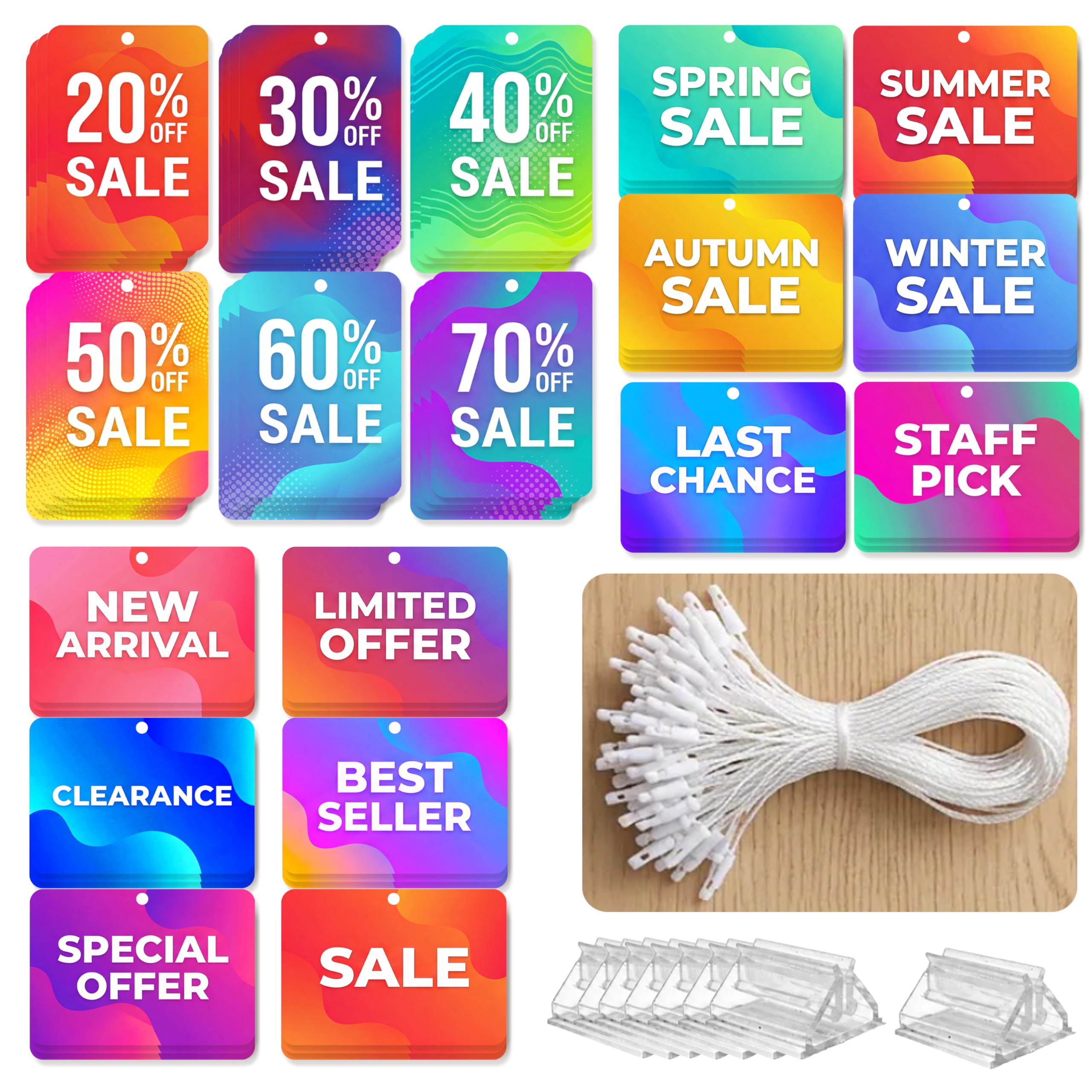 YYMT 80 Piece Discount Card Set - 20%-70% Off & Various Promotional Types (Special Offer, Novelty, Remaining Stock) - 180 Label Tapes + 20 Card Stands - For Retail, Supermarket & Clearance