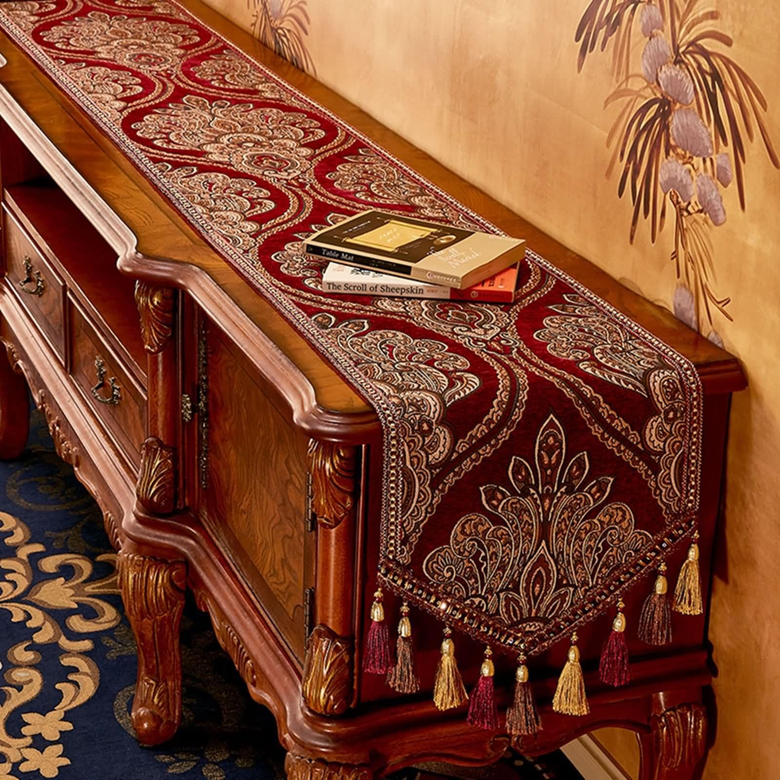 Runner Tavolo Rosso con Motivi Floreali,Poliestere,35x220cm