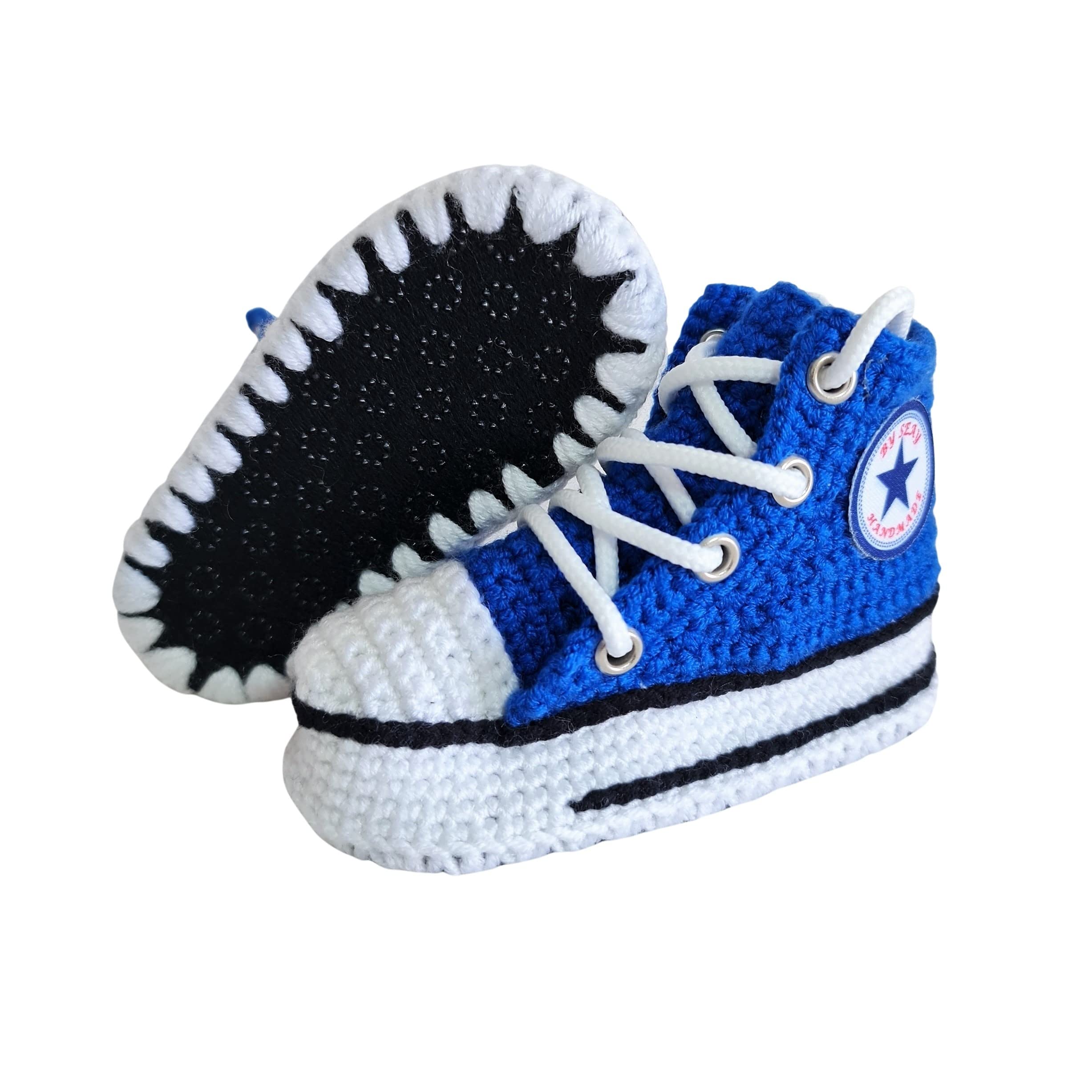 gestrickte Blaue Baby Sneaker Booties, weiche warme Baumwoll-Häkel-Hausschuhe für Neugeborene, Kleinkinder, Lauflerner, 0-3M 3-6M 6-9M 9-12M, Geschenk für Baby-Jungen