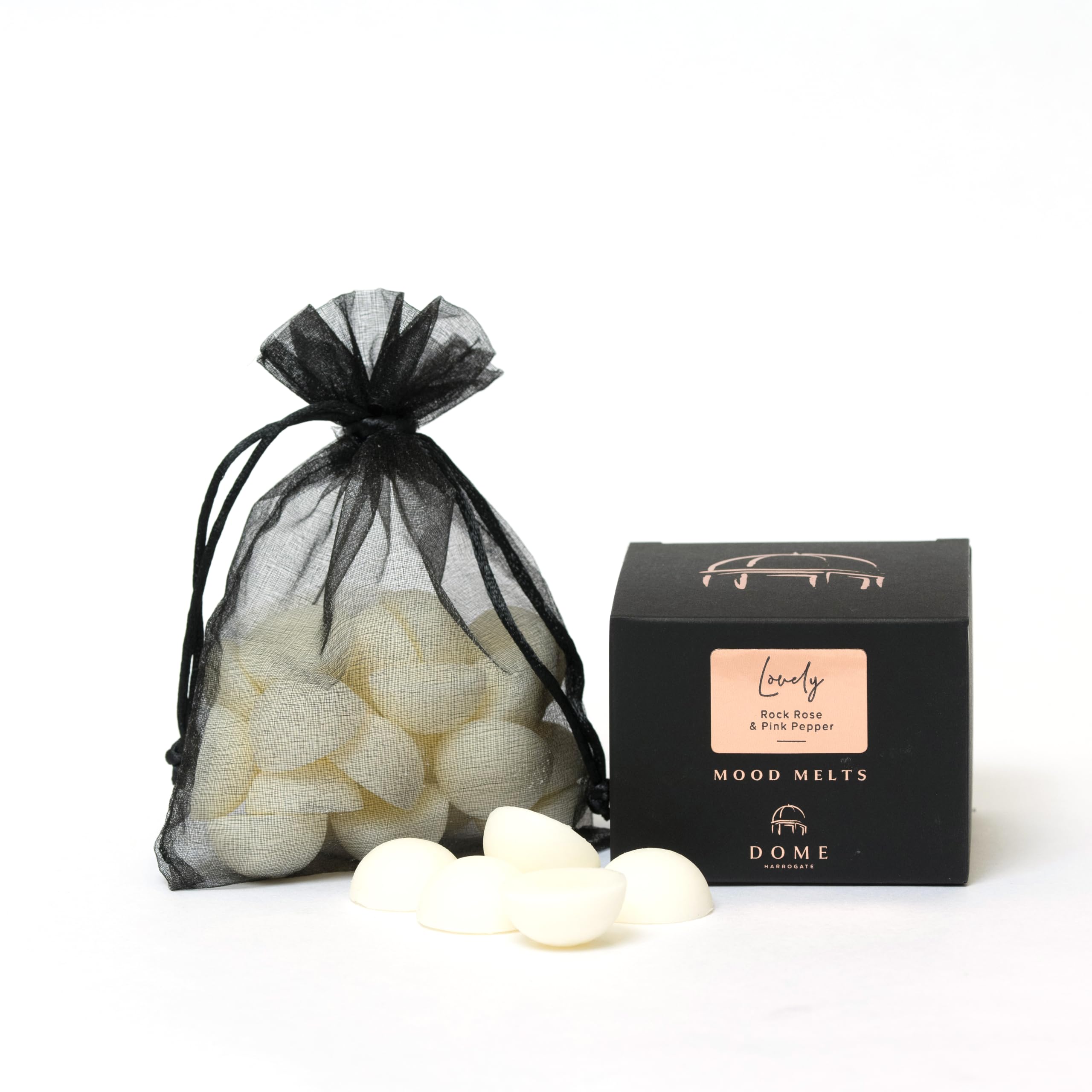 The Harrogate Candle Company Clear Black Dome Of Harrogate | Lovely Mood Melts | Rock Rose & Pink Pepper Wax Melts | 20 Hand-Poured Melts | Natural Soy Wax & Essential Oils | Floral & Uplifting Scent | Up To 2 Hours Burn Each
