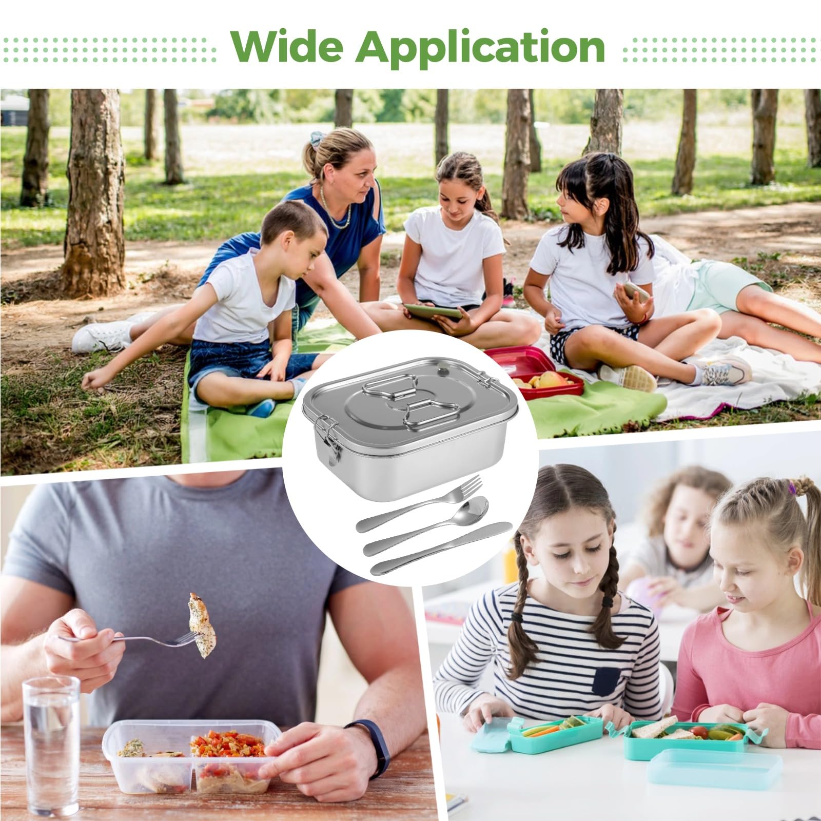 Boîte bento en acier inoxydable avec couverts, grand récipient repas à étages, lunch box réutilisable anti-fuite à 3 compartiments, poignée de transport pour bureau, école, pique-nique, sport