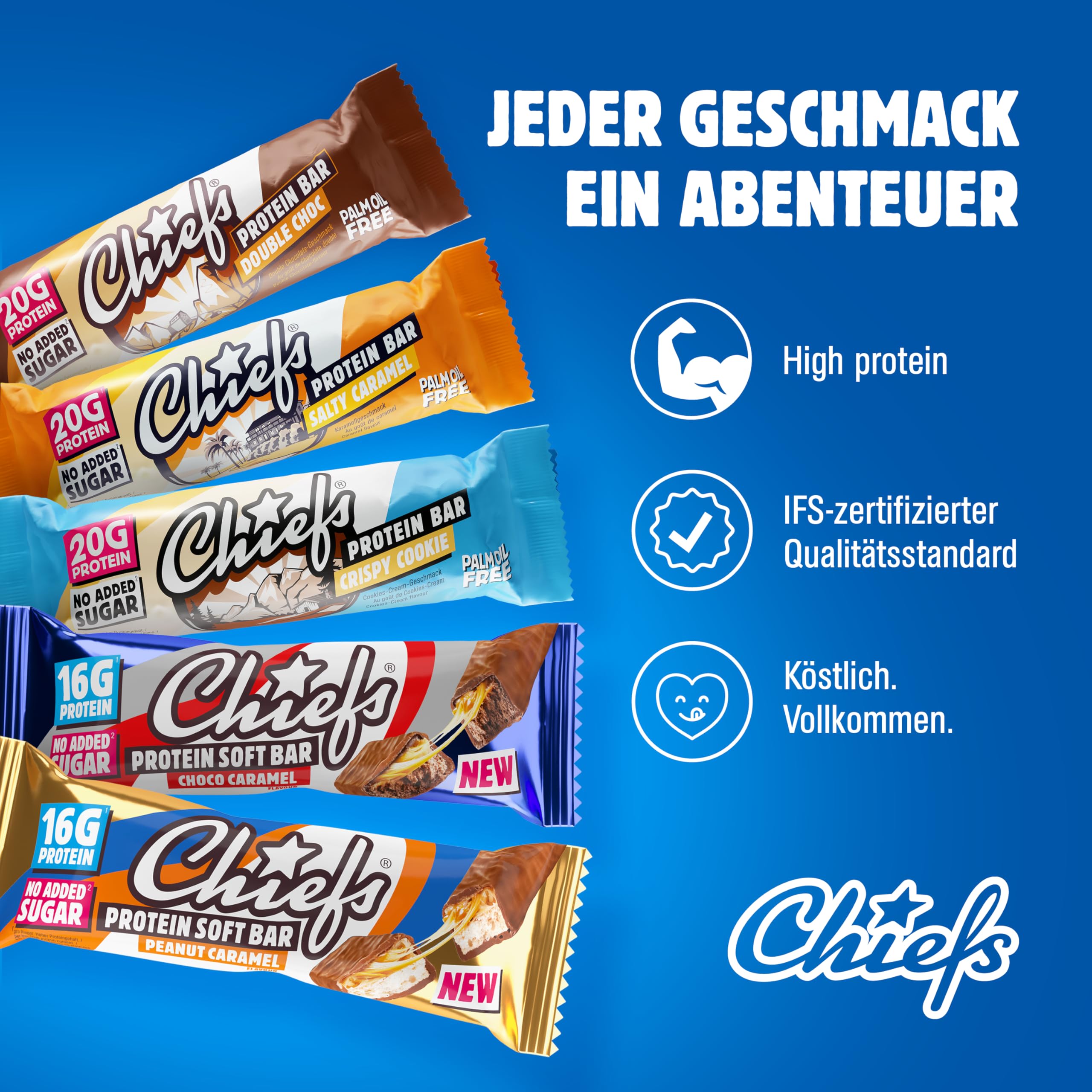 CHIEFS High Protein Riegel - knuspriger Crispy Cookie Geschmack - 12er Box - 20g Protein - perfekte Snacks ohne Zuckerzusatz - Low Sugar - 55g Eiweißriegel ohne Palmöl