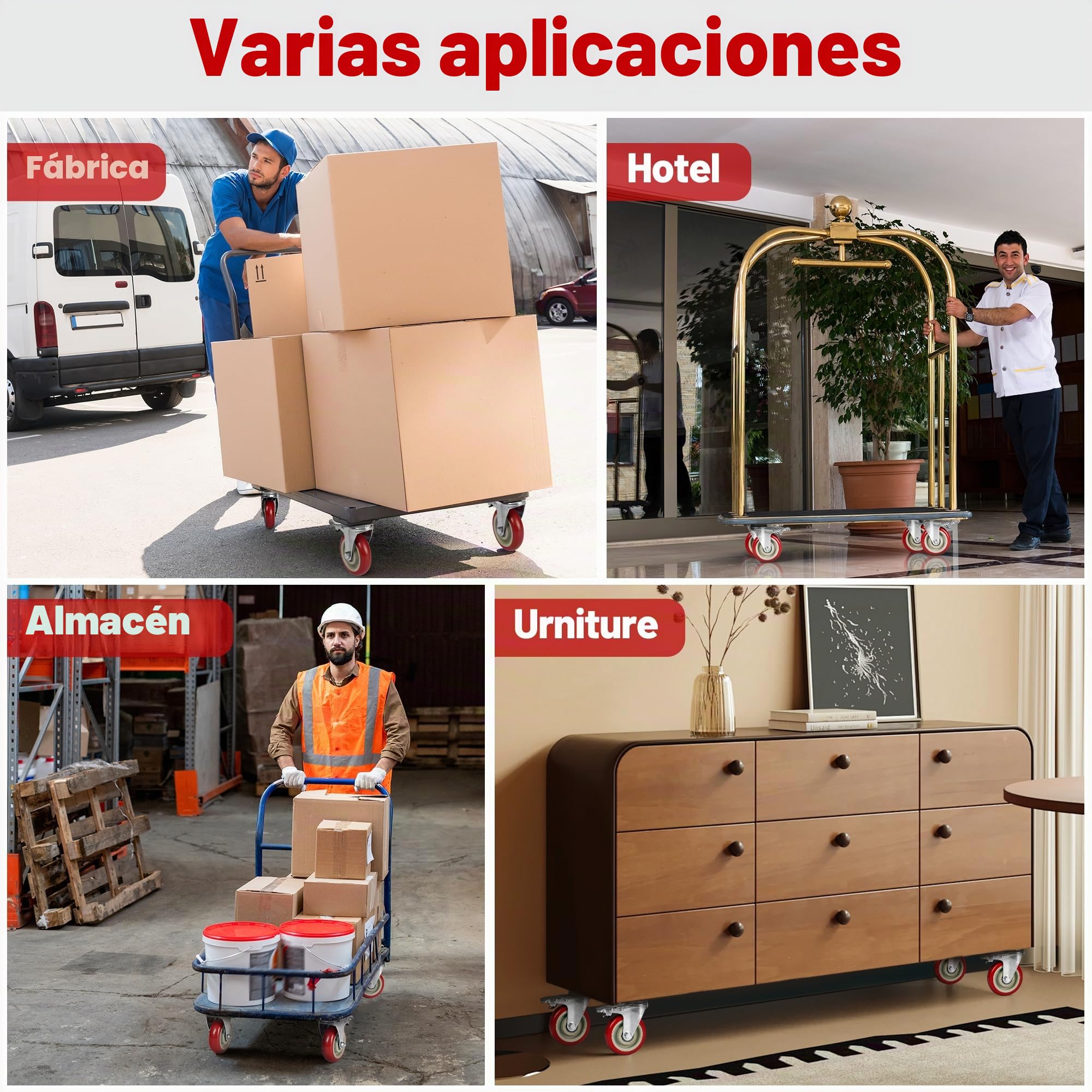 Juego 4 Ruedas Para Muebles Pesados, Ruedas Giratorias con Freno - 100 mm - 600 kg - Goma maciza silenciosa - Interior/exterior