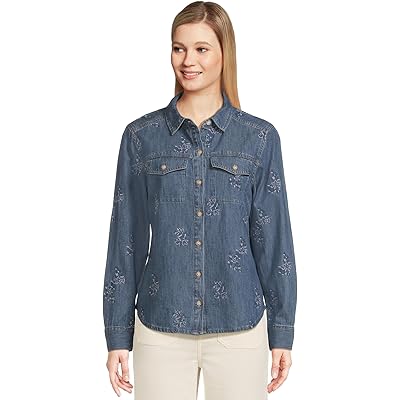 Tommy Bahama Flora Embroidered Denim Long Sleeve Shirt dark medium wash