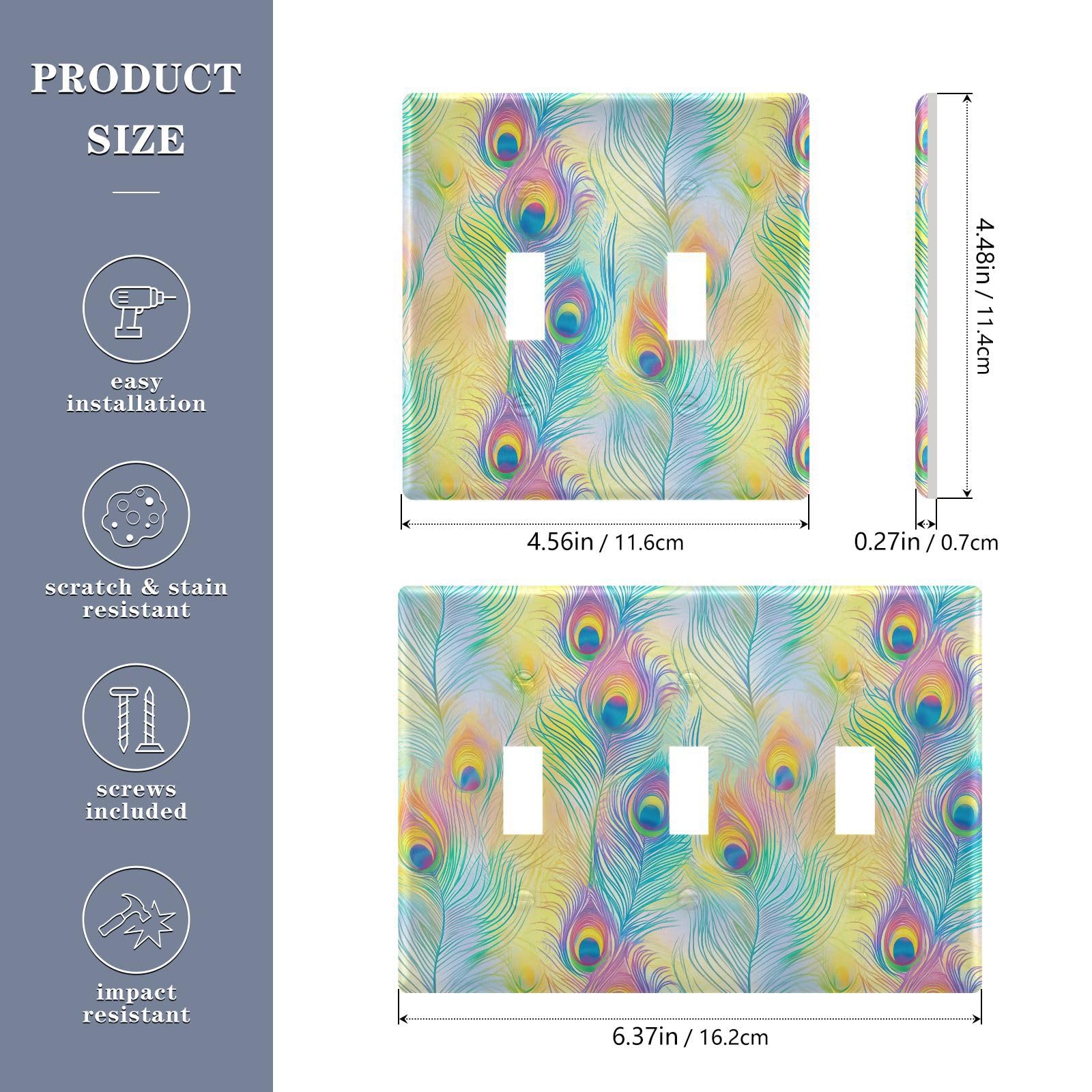 Light Switch Cover Rainbow Peacock Feathers Wall Plates for Electrical Outlets 3 Gang 202b7157