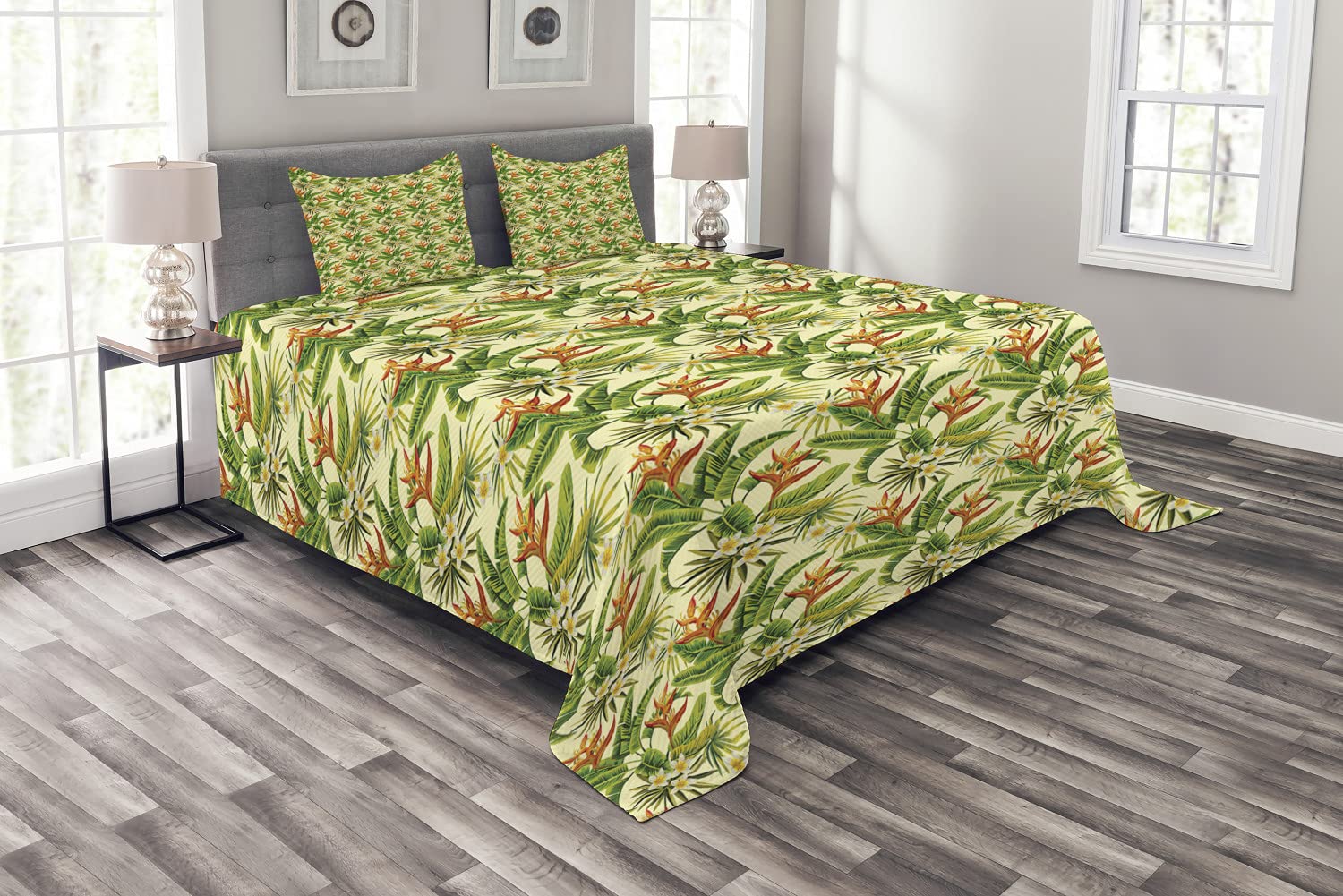 Ambesonne Tropical Bedspread, Exotic Plumeria Flowers and Palm Tree Leaves on Cream Background Hawai