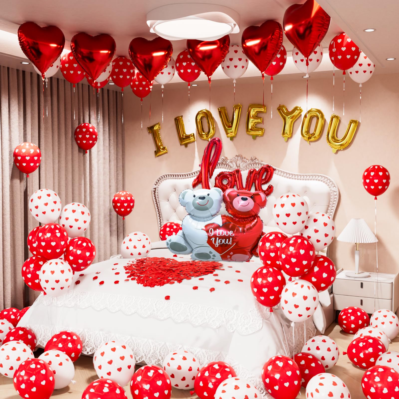 Adeyoo Valentines Day Balloons Decorations - I Love You and Heart Balloons with Love Bear Foil Balloon, Romantic 1000PCS Rose Petals for Valentines Anniversary Romantic Proposal Wedding Party Supplies — image 1