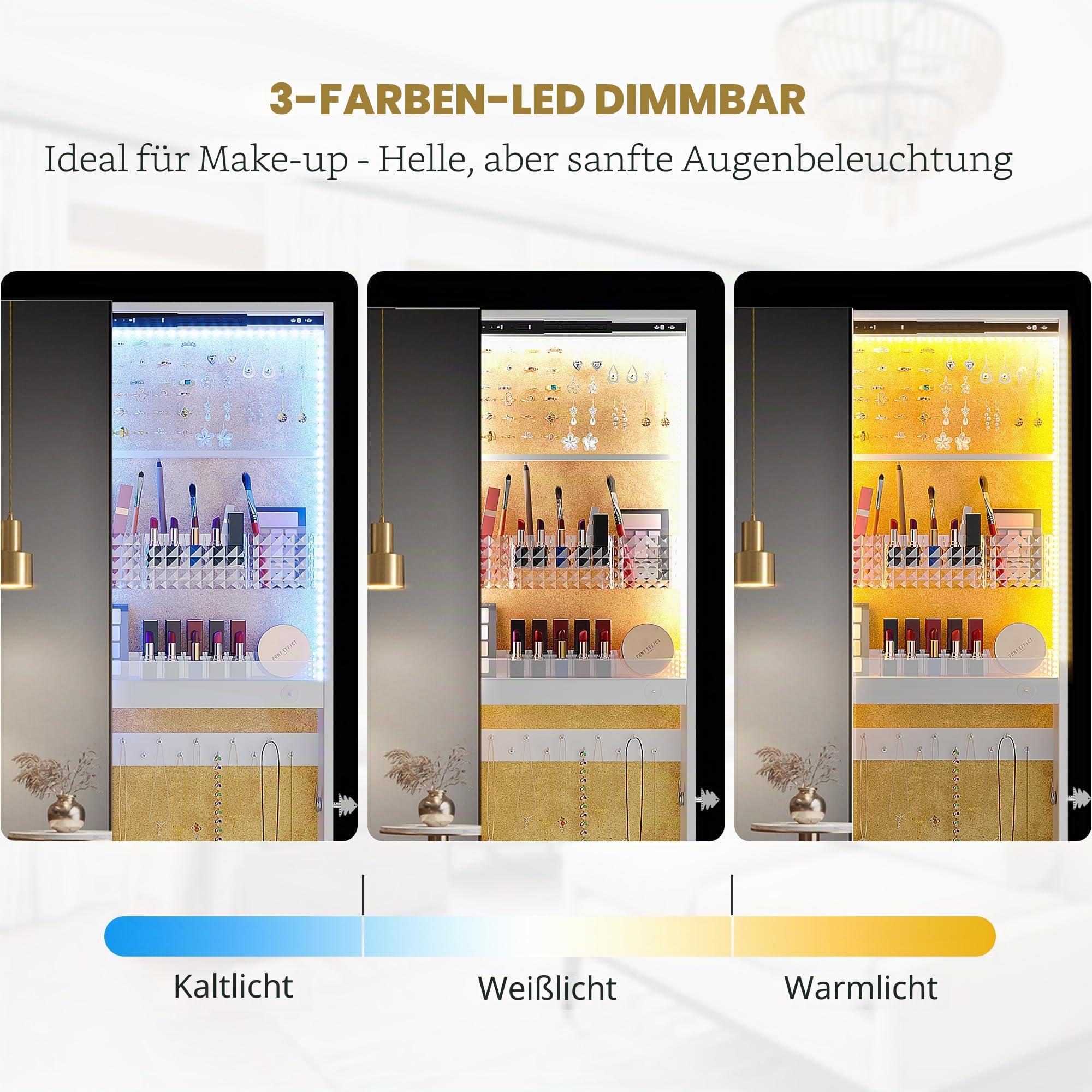 Lvifur 360° drehbarer Schmuckschrank mit 3-Farben-LED, abschließbarer Schmuckschrank mit verschiebbarem Ganzkörperspiegel, freistehender Spiegelschrank für Wohnzimmer und Schlafzimmer