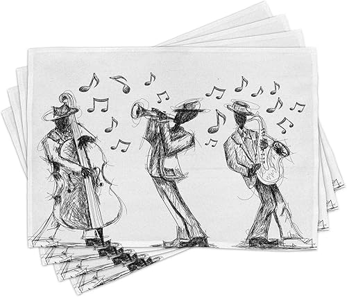 Lunarable Juego de 4 manteles individuales de música, estilo de boceto de una banda de jazz tocando instrumentos y notas musicales, estampado
