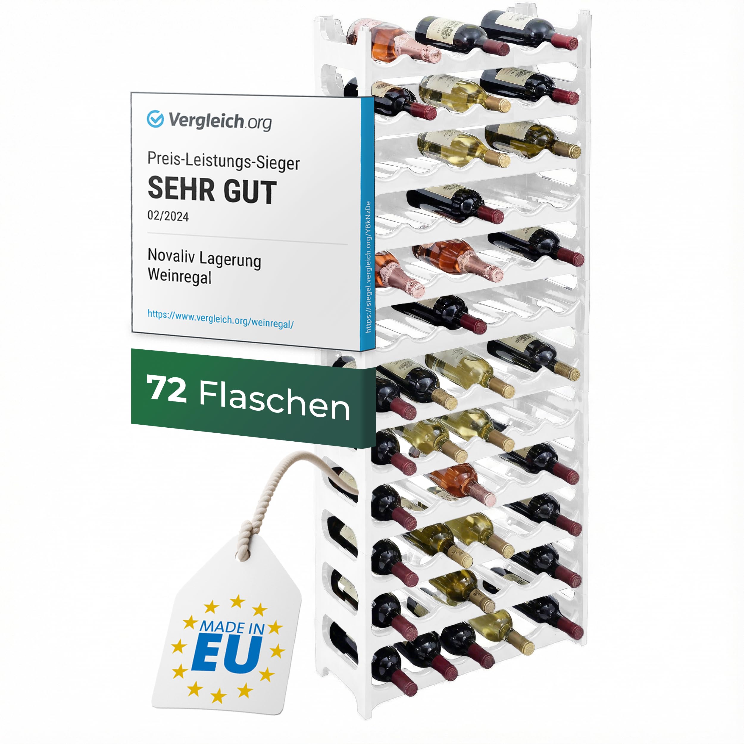 Novaliv Weißes, Modulares Flaschenregal für 72 Weinflaschen - Stapelbar, Erweiterbar, Robust - Ideal für Weinlagerung in Keller, Gastronomie & Zuhause, Getränkeschrank, Weinregal stapelbar