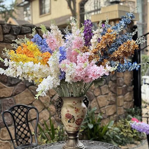 Miniatura 6 de IPOPU Delphinium - Flores artificiales 6 unidades flores de seda champán flores de espolón de alondro flores artificiales de tallo largo para jarrón