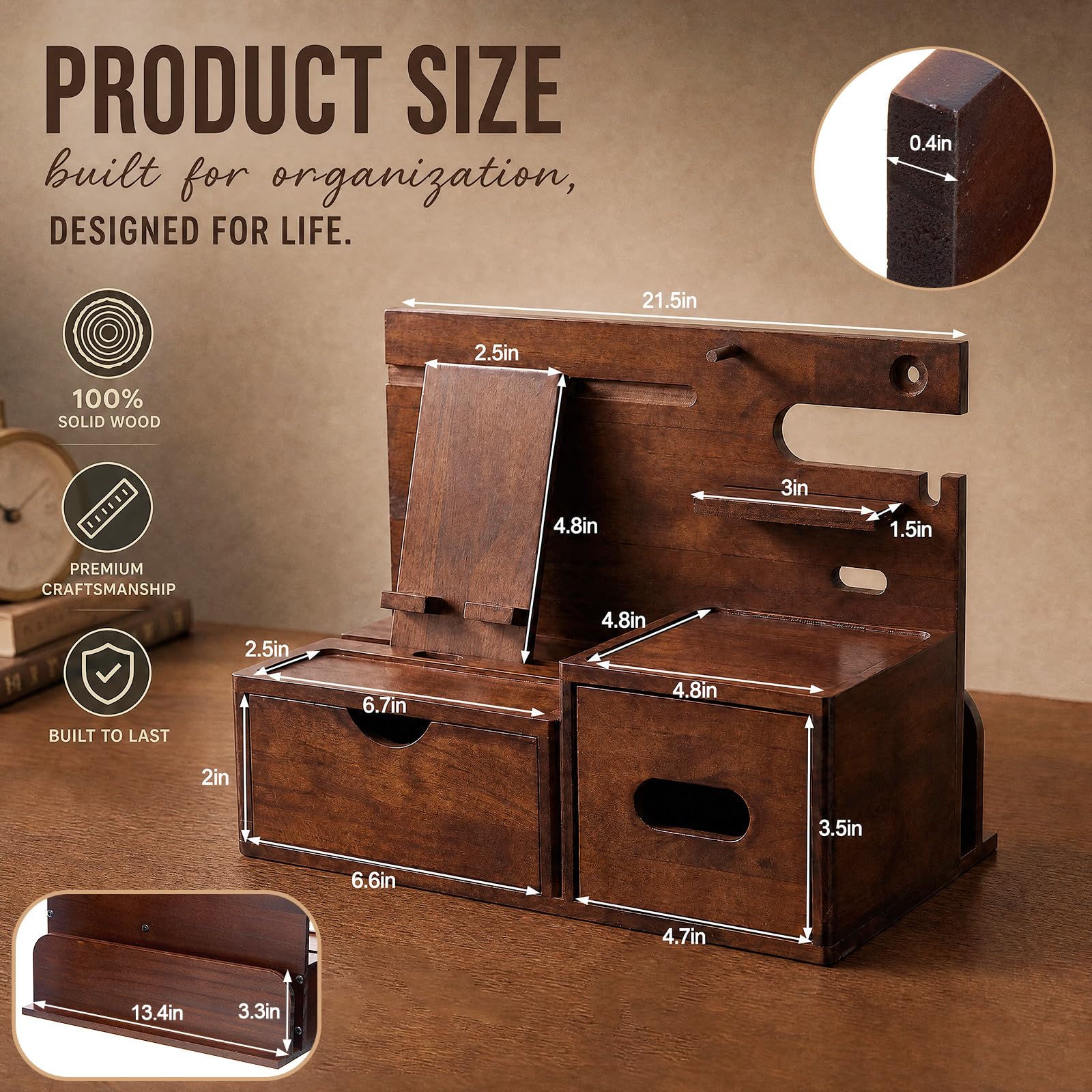 Junkin Station d'accueil de téléphone en bois de pin pour homme - Multifonction - Organisateur de bureau ou de table de nuit - Cadeau unique pour mari, père, pour téléphone, montre, clés, lunettes