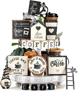 Mifoci 17 Pcs Coffee Tiered Tray Decorations Wooden Coffee Bar Decor Farmhouse Bar Accessories Gnome Wooden Table Sign for Table Kitchen Winter Valentines Gift