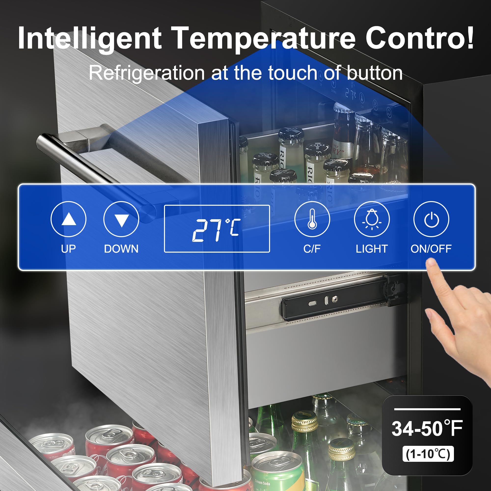 Vesgolden 15 Inch Double Drawer Refrigerator,Under Counter Beverage Fridge For Indoor Outdoor Kitchen,3.39 Cu.Ft. Waterproof Silver&Black Stainless Steel Refrigerator on Fridge.com - View 3