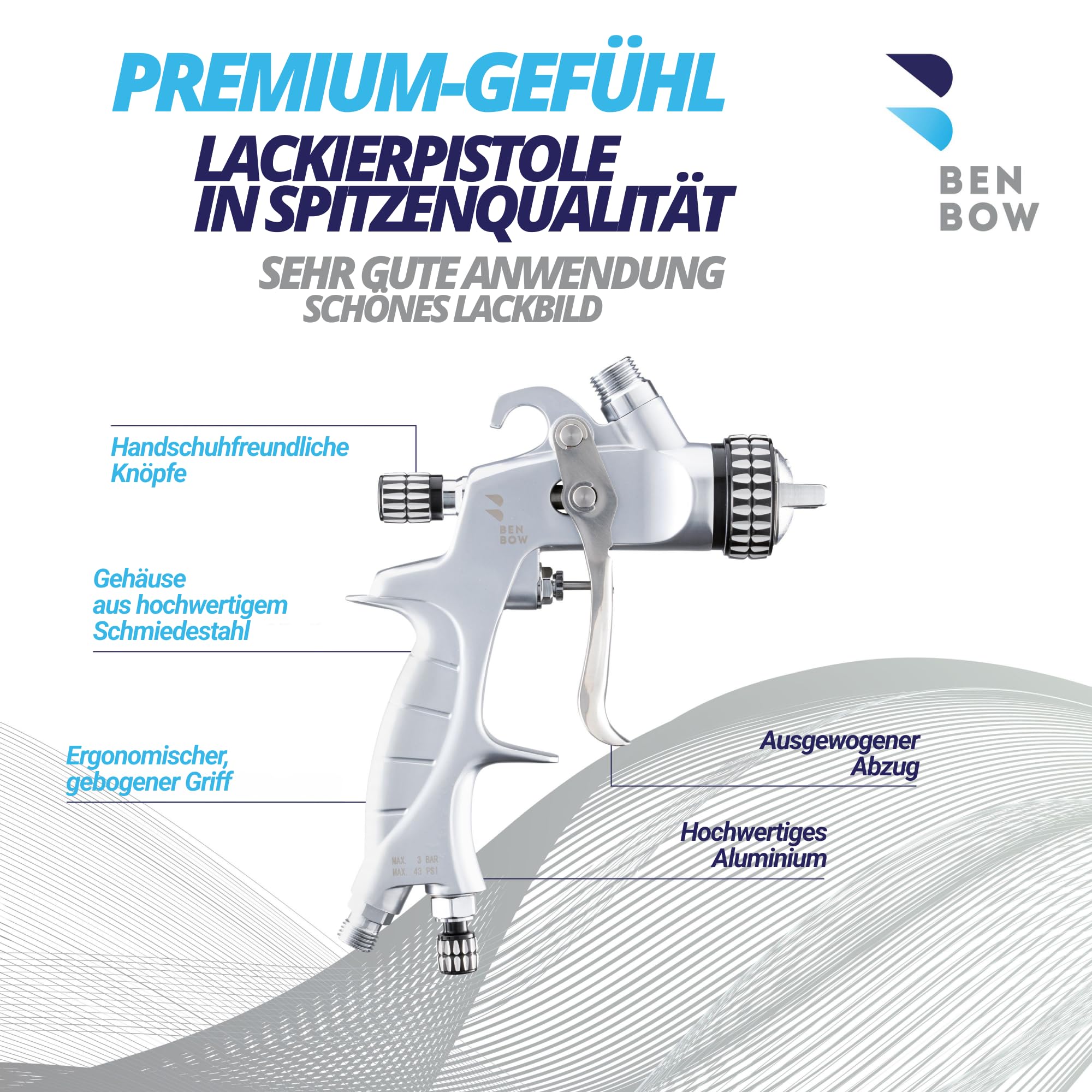 Detailansicht der BenBow PK60 MP Lackierpistole mit Fokus auf die Aluminiumkonstruktion und die 1,3 mm Düse.