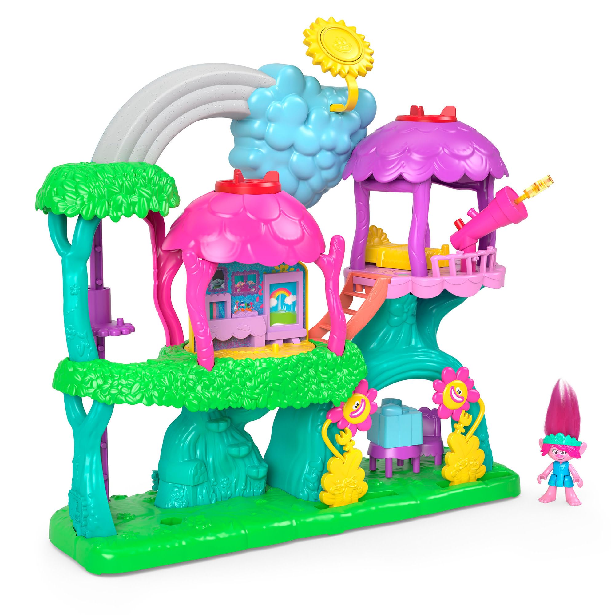 Fisher-Price IMAGINEXT DreamWorks Trolls Regenbogen-Baumhaus - Lichter, Geräusche, Spielbereiche, bewegliche Poppy-Figur, für Vorschulkinder ab 3 Jahren, HML49