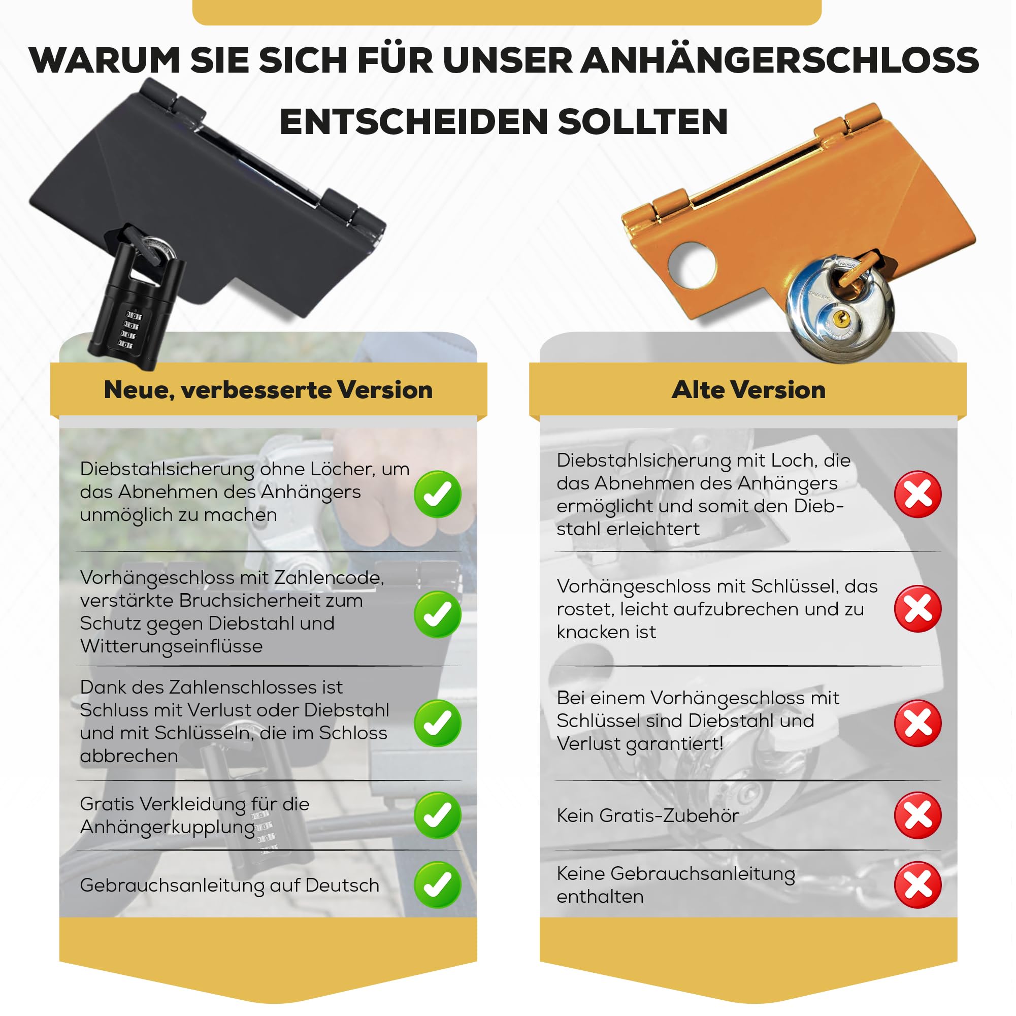 Universal Anhängerschloss, Anhänger Diebstahlschutz robust - Schloss Anhängerkupplung hochwertig langlebig - Gratis Kupplungsverkleidung - Hängerschloss Motorrad Wohnwagen Diebstahlsicherung Anhänger