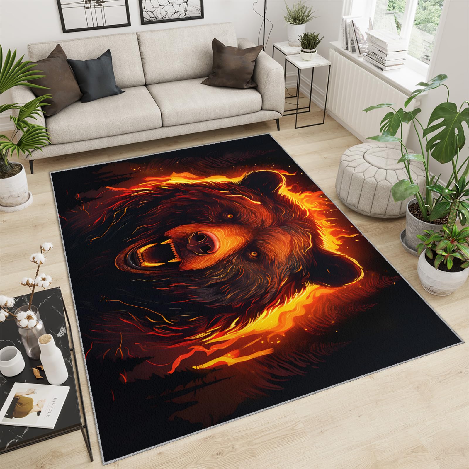 Flame Bear Rug for Bedroom - Bear Rugs for Boys Room, Wild Animals Area Rug, Washable Carpet for Kids Dormitory Living Room Farmhouse 180x270cm