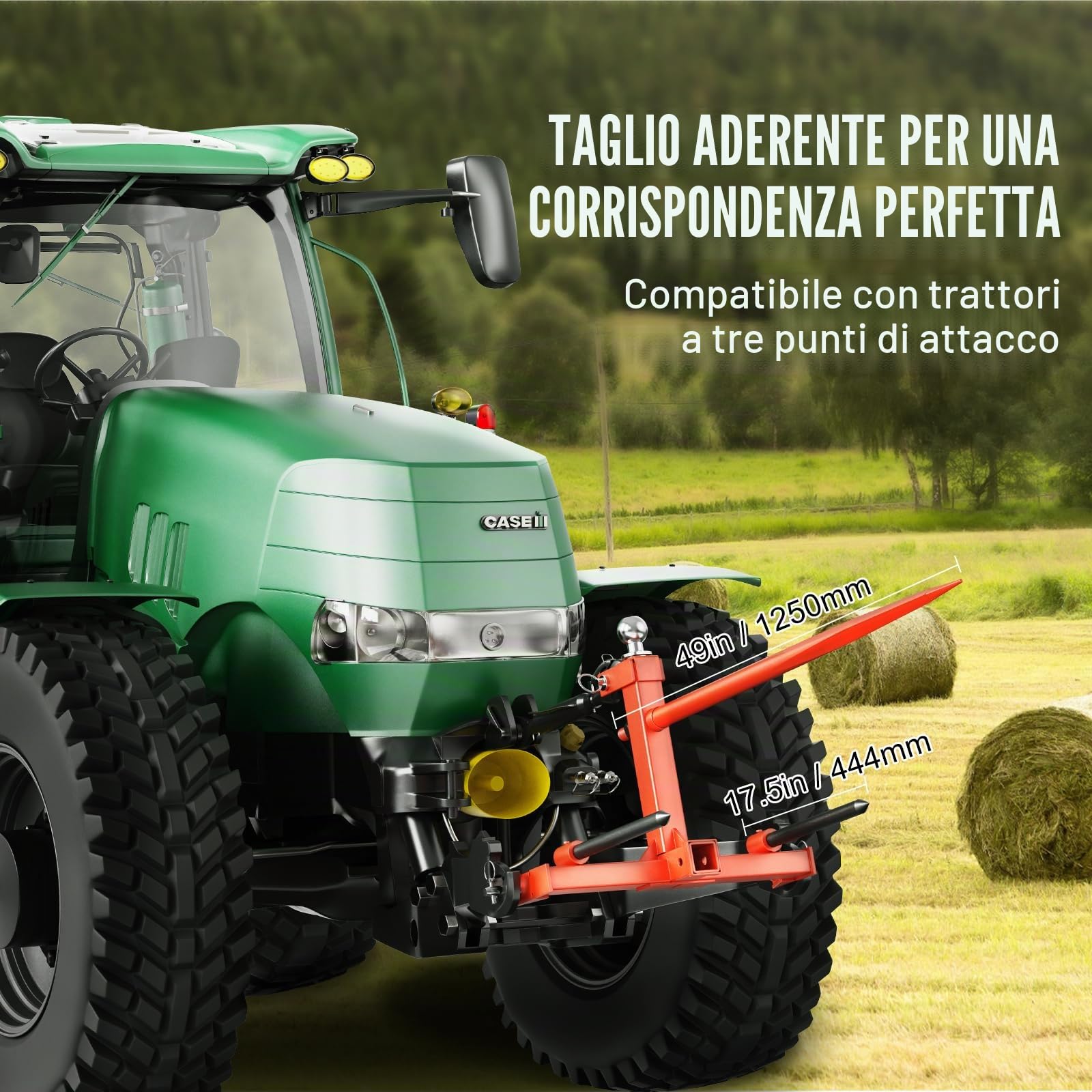 VEVOR Raccoglitrice per Balle di Fieno Capacità di Carico max. 725kg Forca per Balle 1250mm 3 Denti, Forche Chiodate Attacco per Benna con 2 Stabilizzatori per Trattori, Minipale, Agricoltori, Campi