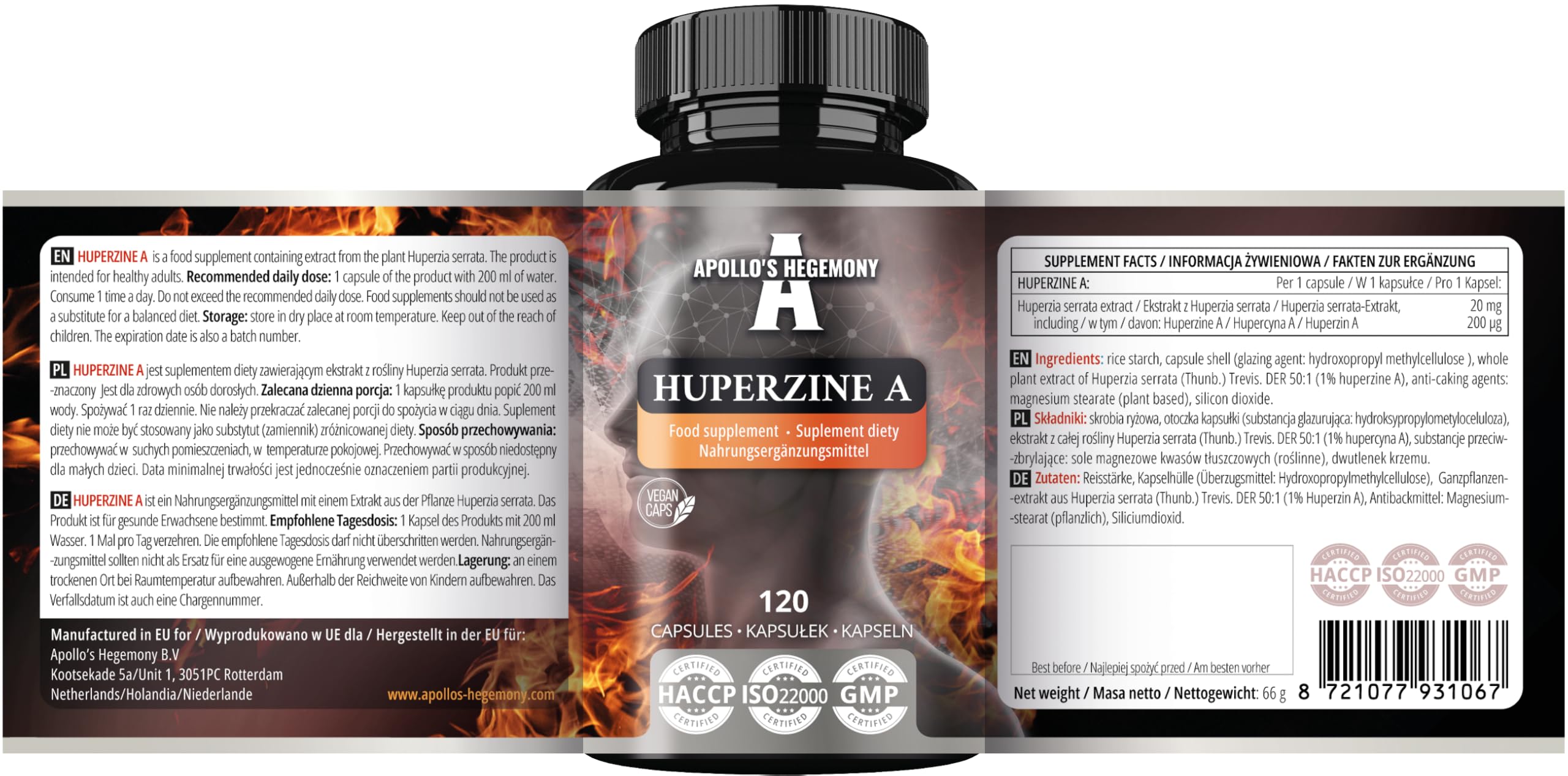 Huperzine A 200 mcg dans chaque gélule - 120 gélules végétaliennes - 4 mois d'approvisionnement pour le soutien cognitif - Huperzia serrata Extract - Diet Supplement by Apollo's Hegemony