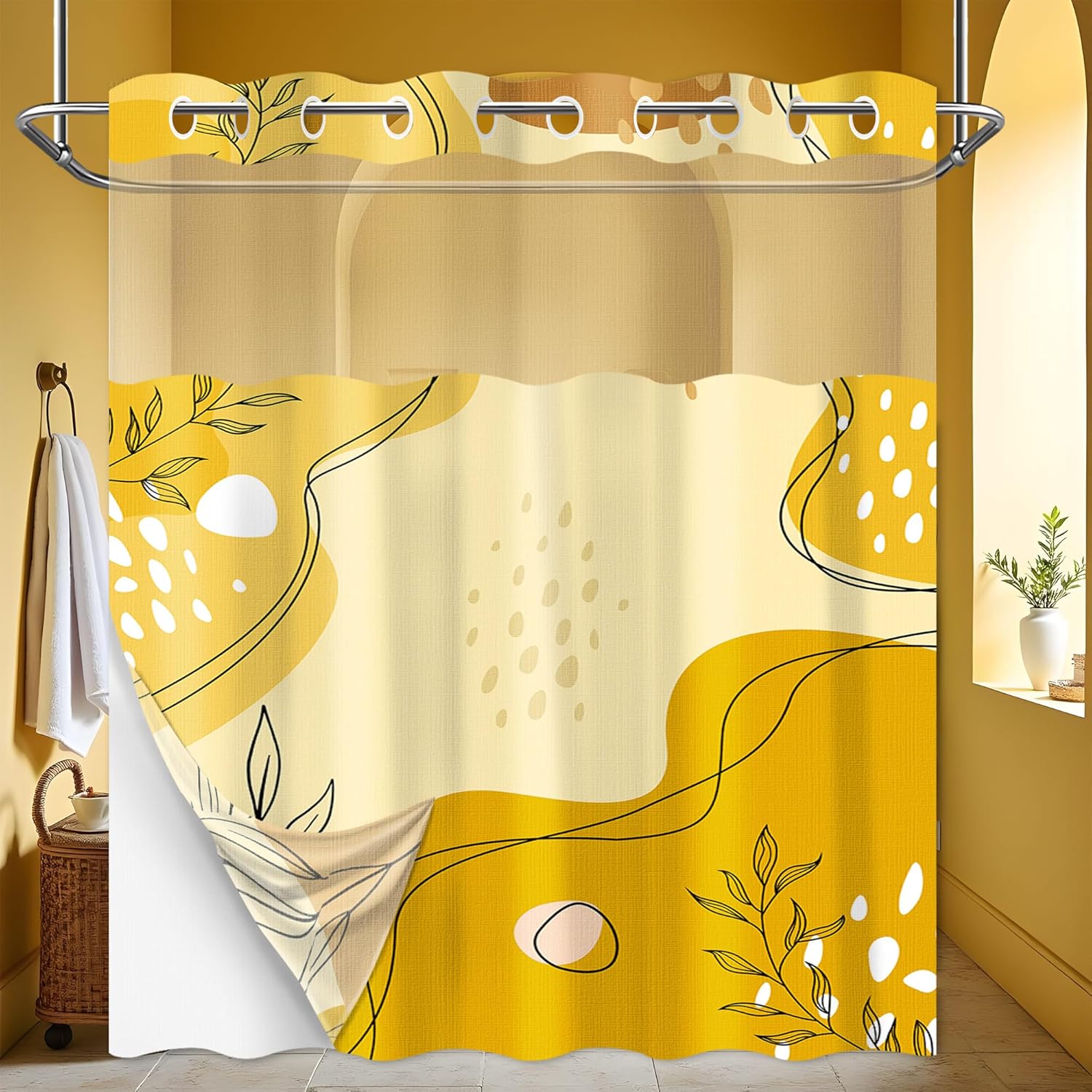 puuiiui Mustard Yellow Hookless Shower Curtain Mesh with Snap in Liner, Light Yellow Boho No Hook Double Layer Shower Curtain and Liner Set, Ringless with Window Waterproof Cloth Fabric, 60"W x 74"L