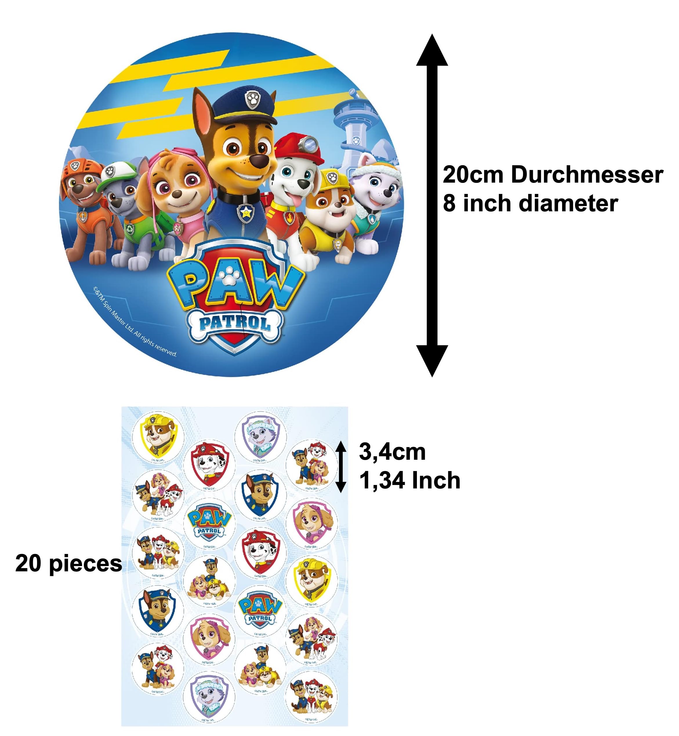 Dekozauber24 Paw Patrol Edible Cake Topper 8 inch + 20x Cupcake Toppers for Children's Birthday Parties, decorations muffins image disc (Paw Patrol Nr. 1)