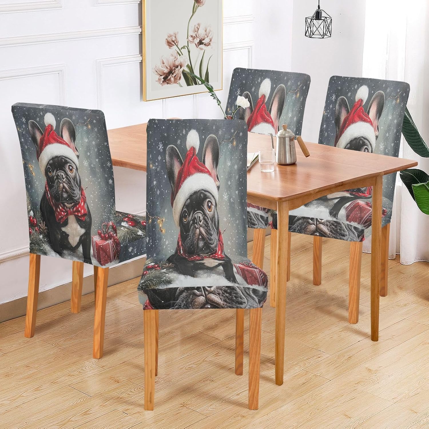 ALAZA Chair Covers for Dining Room, Black French Bulldog Snowflake Christmas Scene Stretch Chair Cover Sets Chair Protector Removable Washable for Ktichen Restaurant Hotel