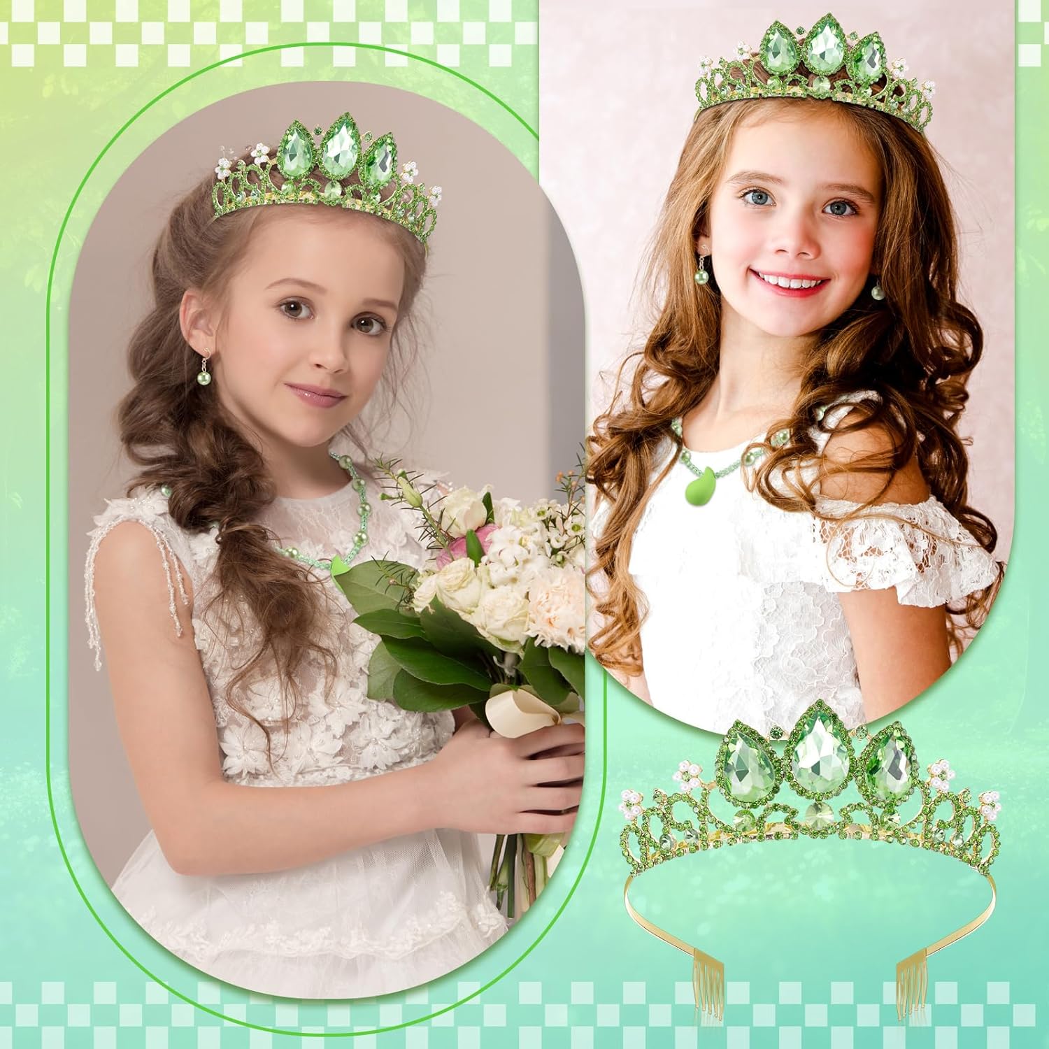 Haysandy 3 Pcs Princess Costume Jewelry Accessory Women Green Dress-up Crown Peal Necklace with Peal Earrings for Dress-up Tiara Birthday Decorations Princess Girl Women Cosplay Party Accessories - Image 6