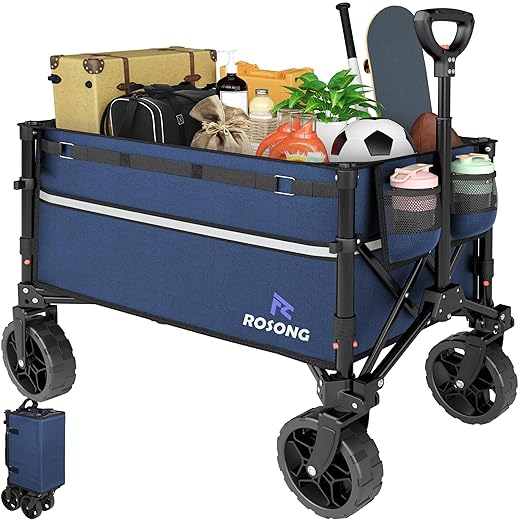 Collapsible Wagon Cart with Wheels Foldable - Folding Utility Heavy Duty Wagons Carts for Grocery Sports Garden Shopping Camping Wheelbarrows (Navy Blue, 120L)