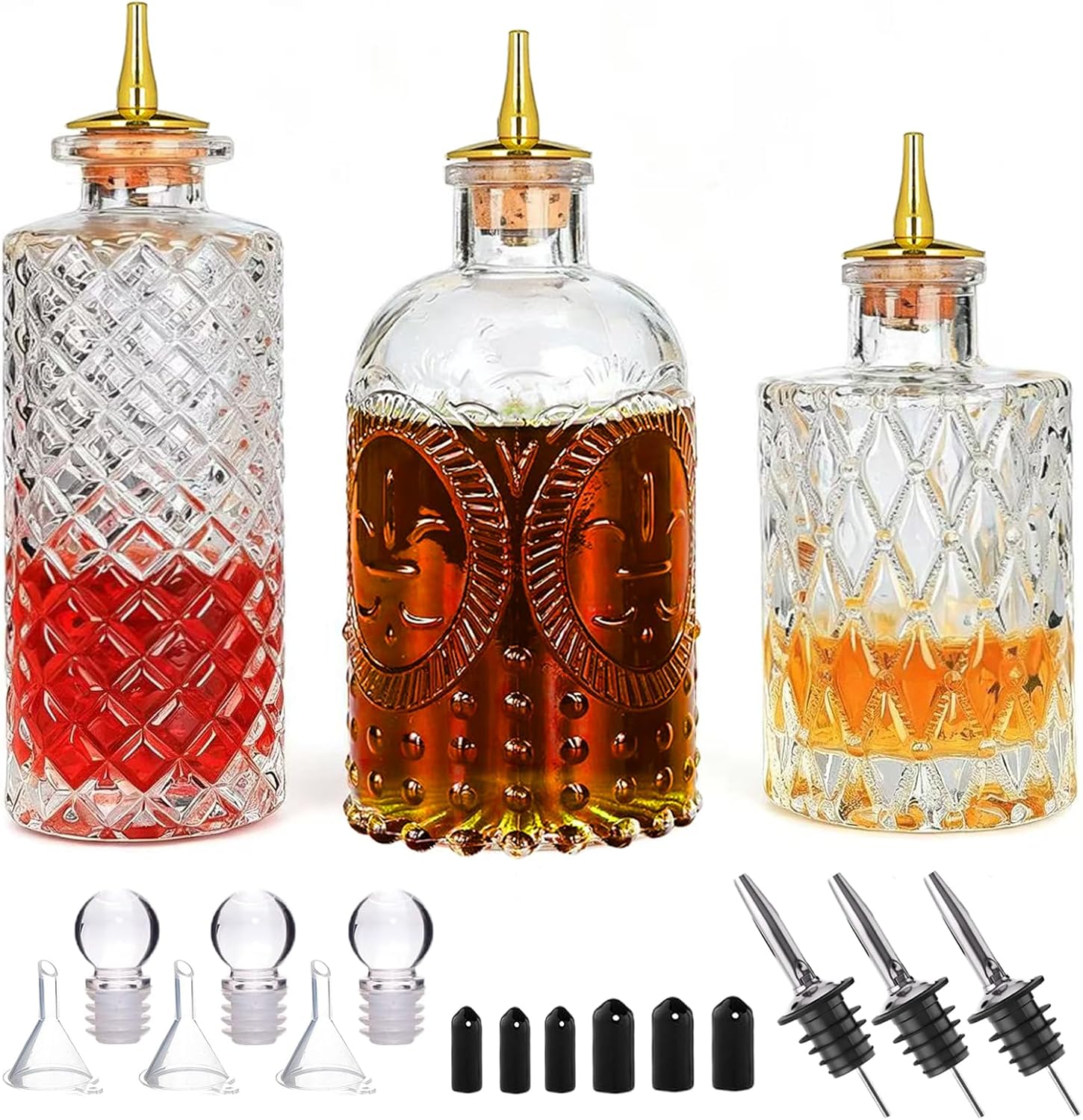 Bitters Bottles Set of 3, Glass Dasher Bottles with Dash Top | Vintage Cocktail Bitters Dispenser, For Bartenders & Home Bar