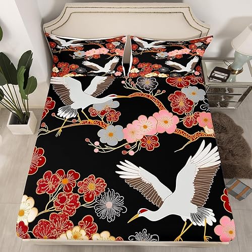 Miniatura 3 de Erosebridal Juego de sábanas japonesas Ukiyoe de flor de cerezo, tamaño Queen, diseño de pájaro de grulla blanca, sábana bajera ajustable con